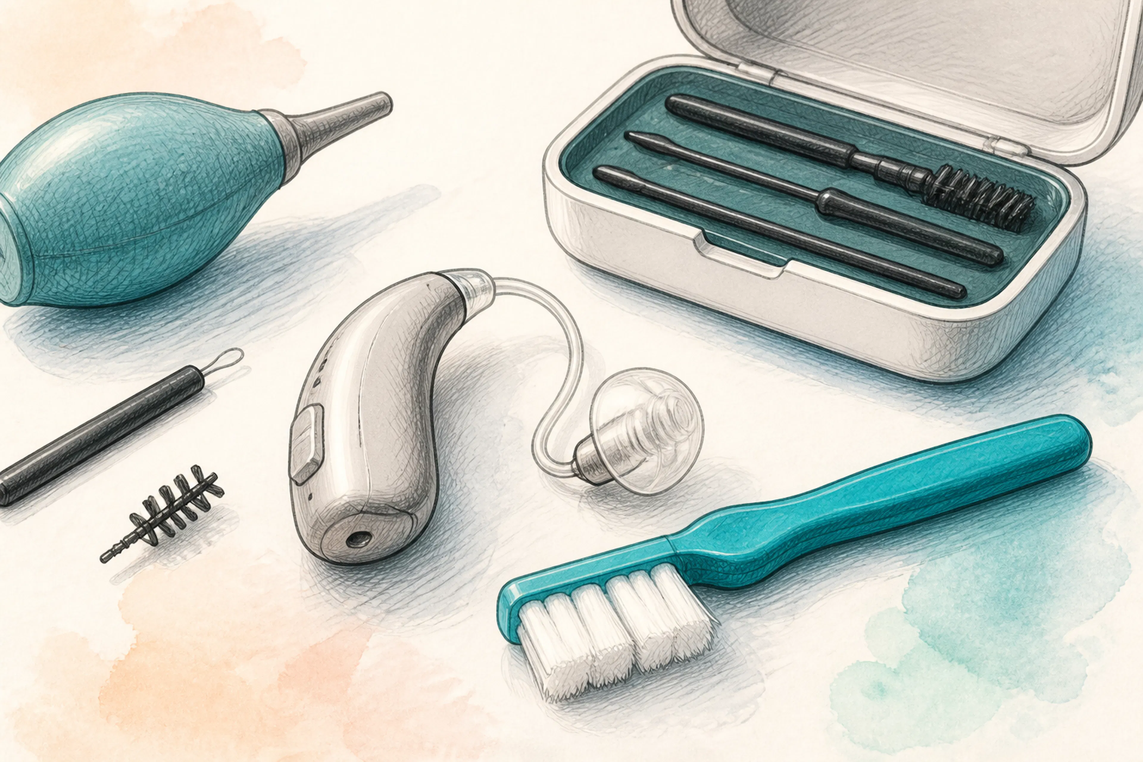 Close-up of hearing aid cleaning tools and a soft brush