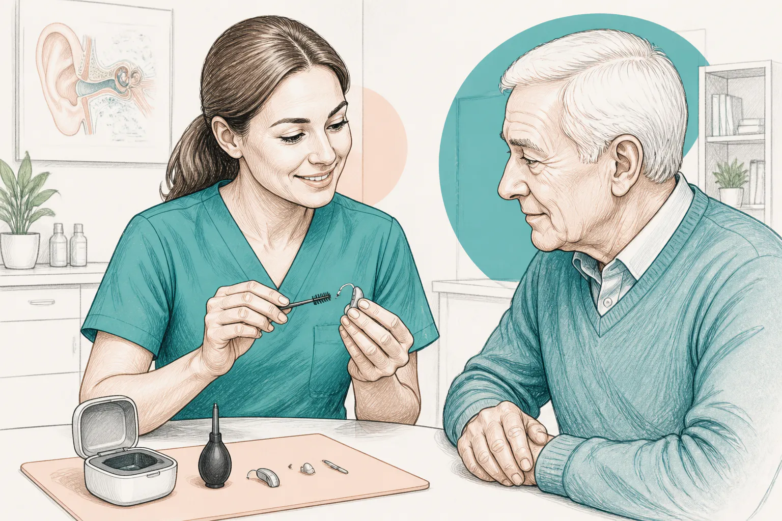 Audiologist showing safe hearing aid cleaning steps to a patient