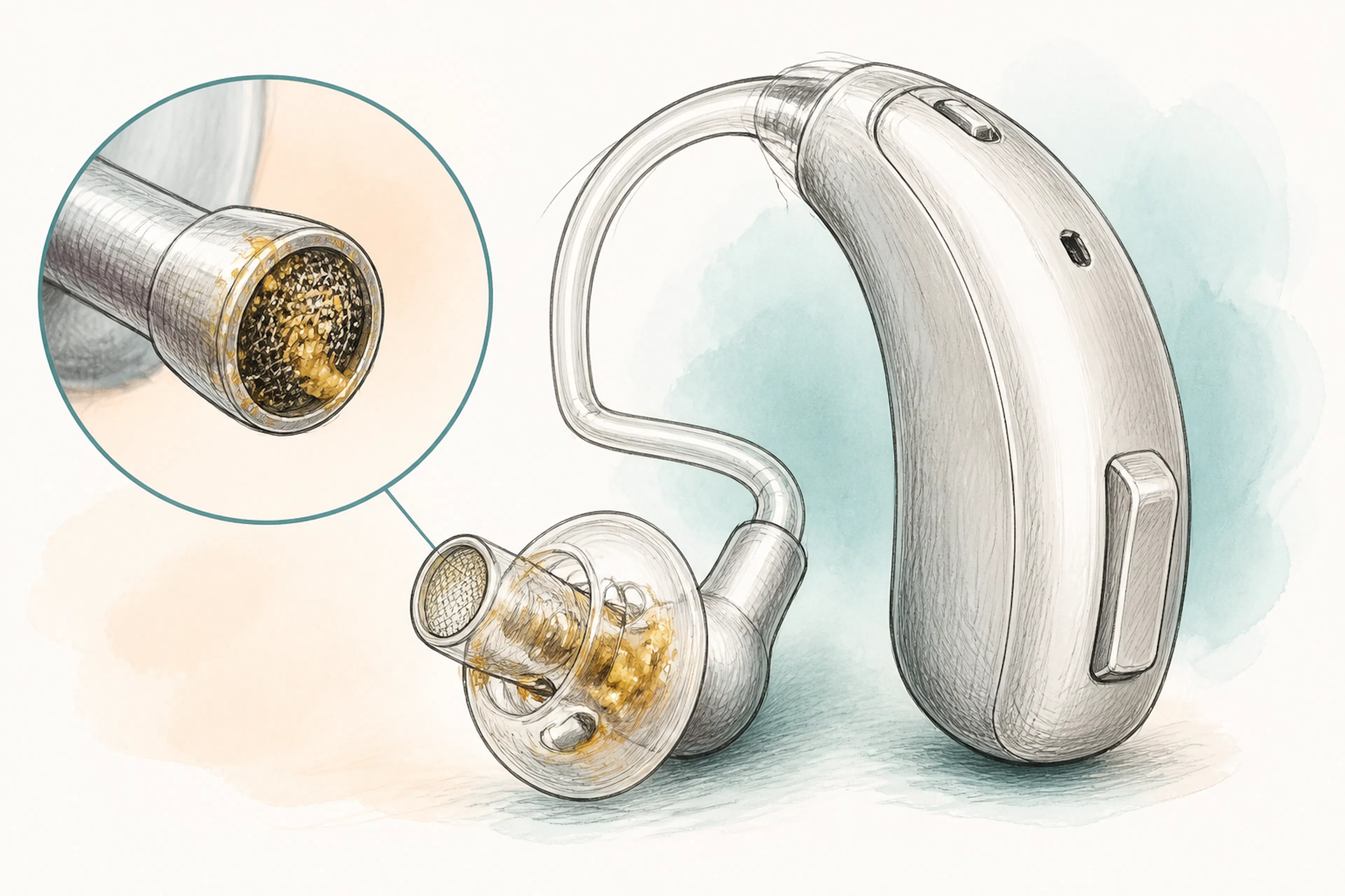 Ear wax build-up near a hearing aid dome and receiver