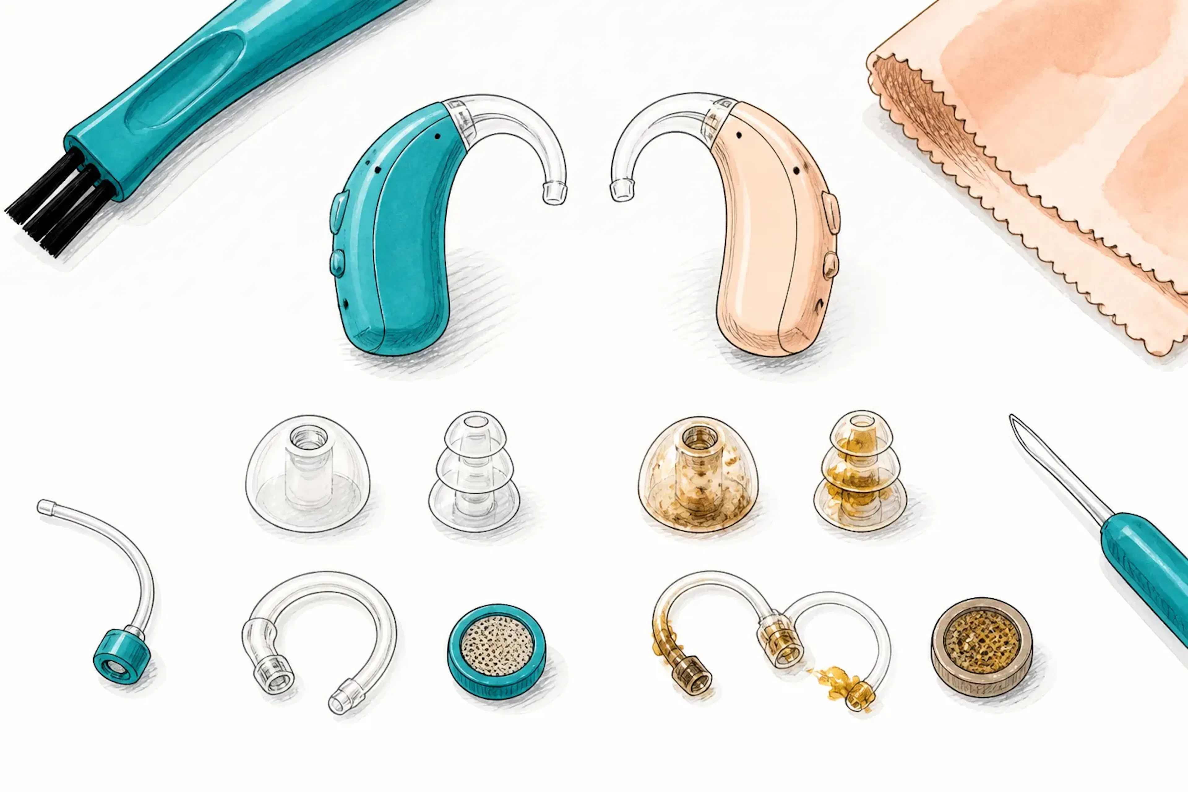 Comparison of clean and blocked hearing aid parts on a white surface