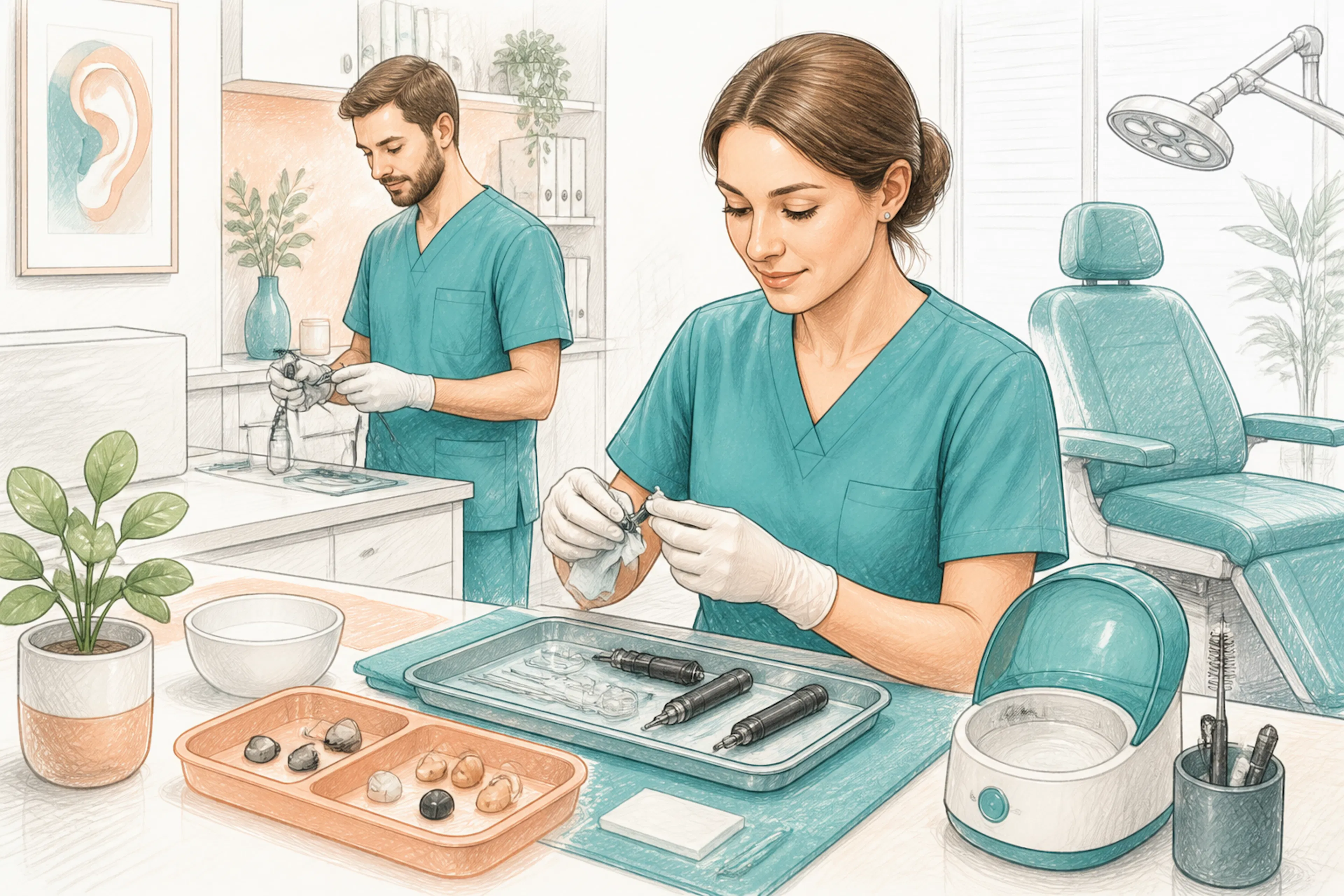 Pro Ear Clinic team preparing ear care equipment for a patient appointment