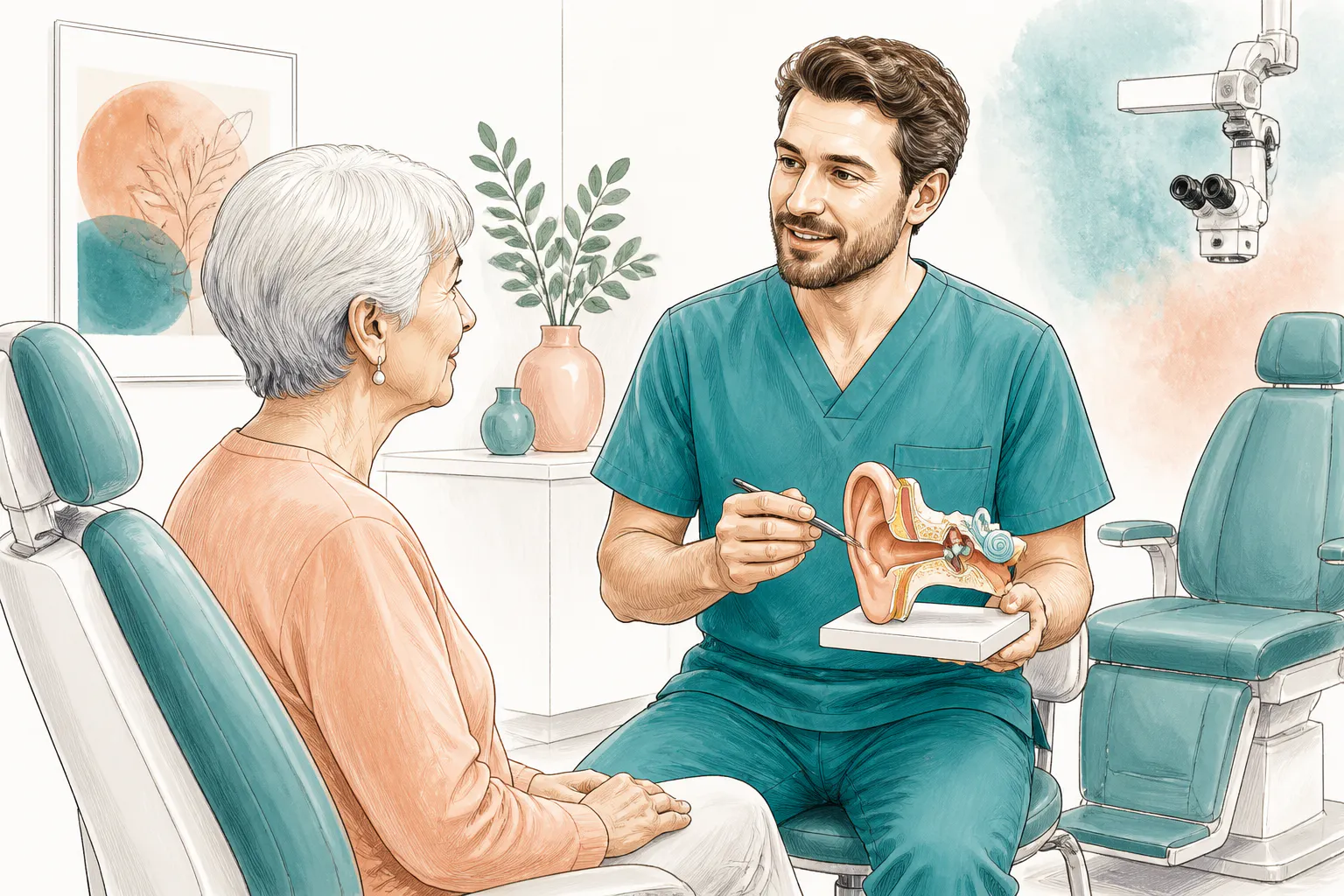 Friendly clinician explaining earwax removal options to a patient