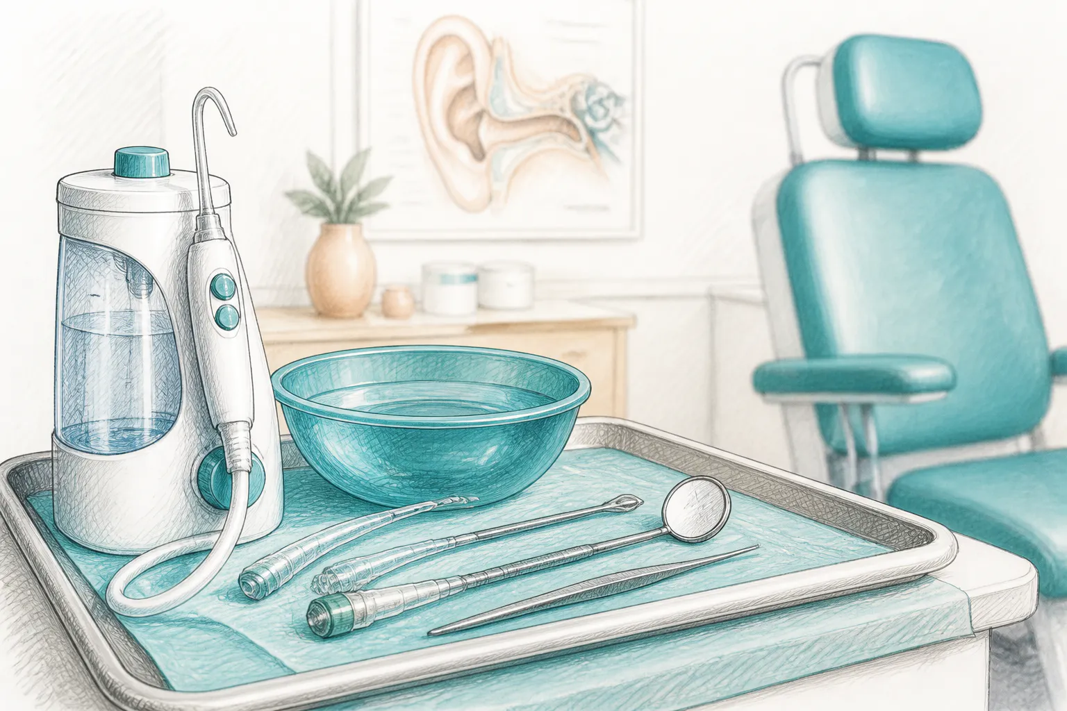 Close-up of earwax removal equipment prepared for a treatment appointment