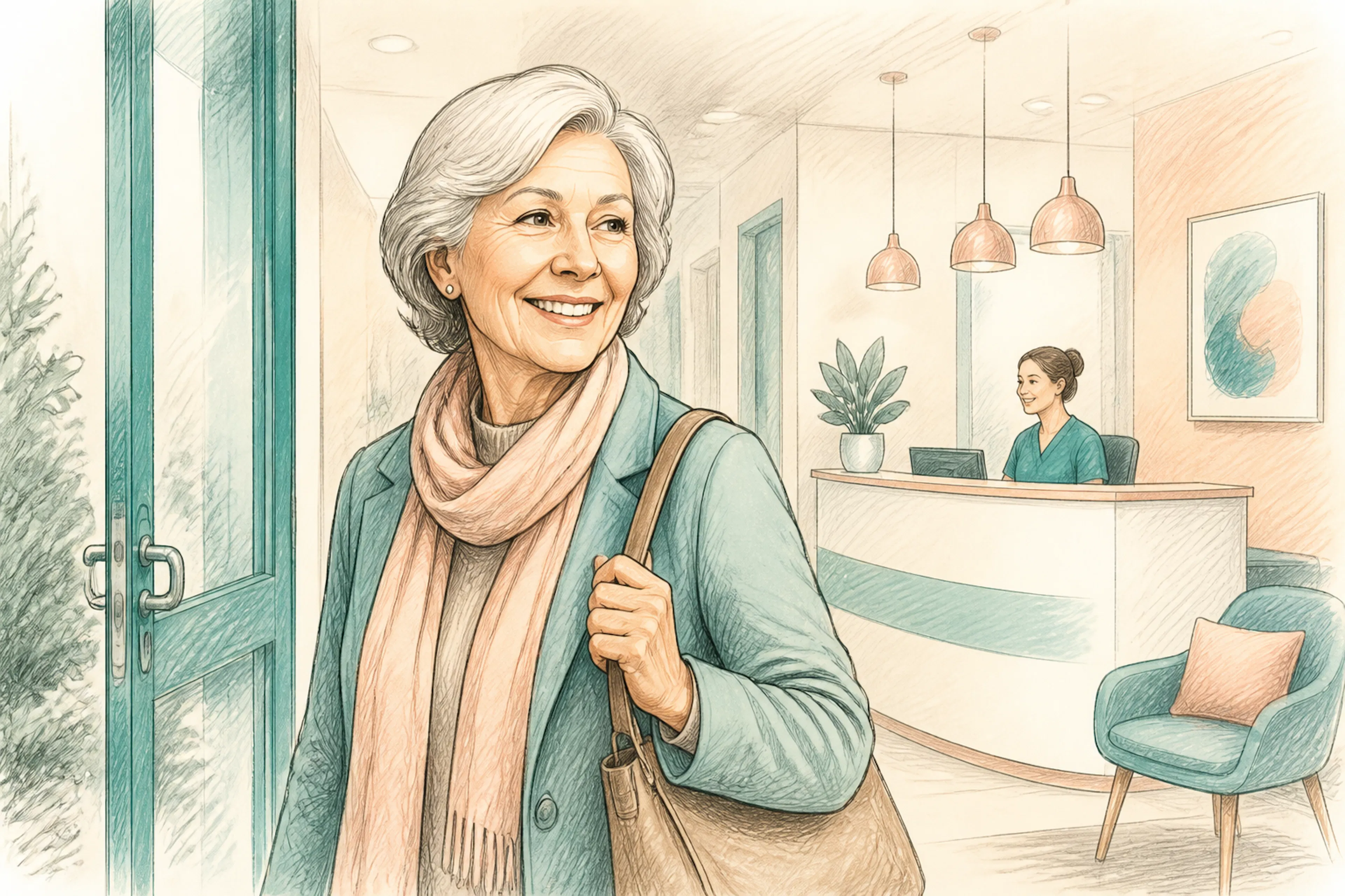 Smiling patient leaving an ear care clinic after successful earwax removal