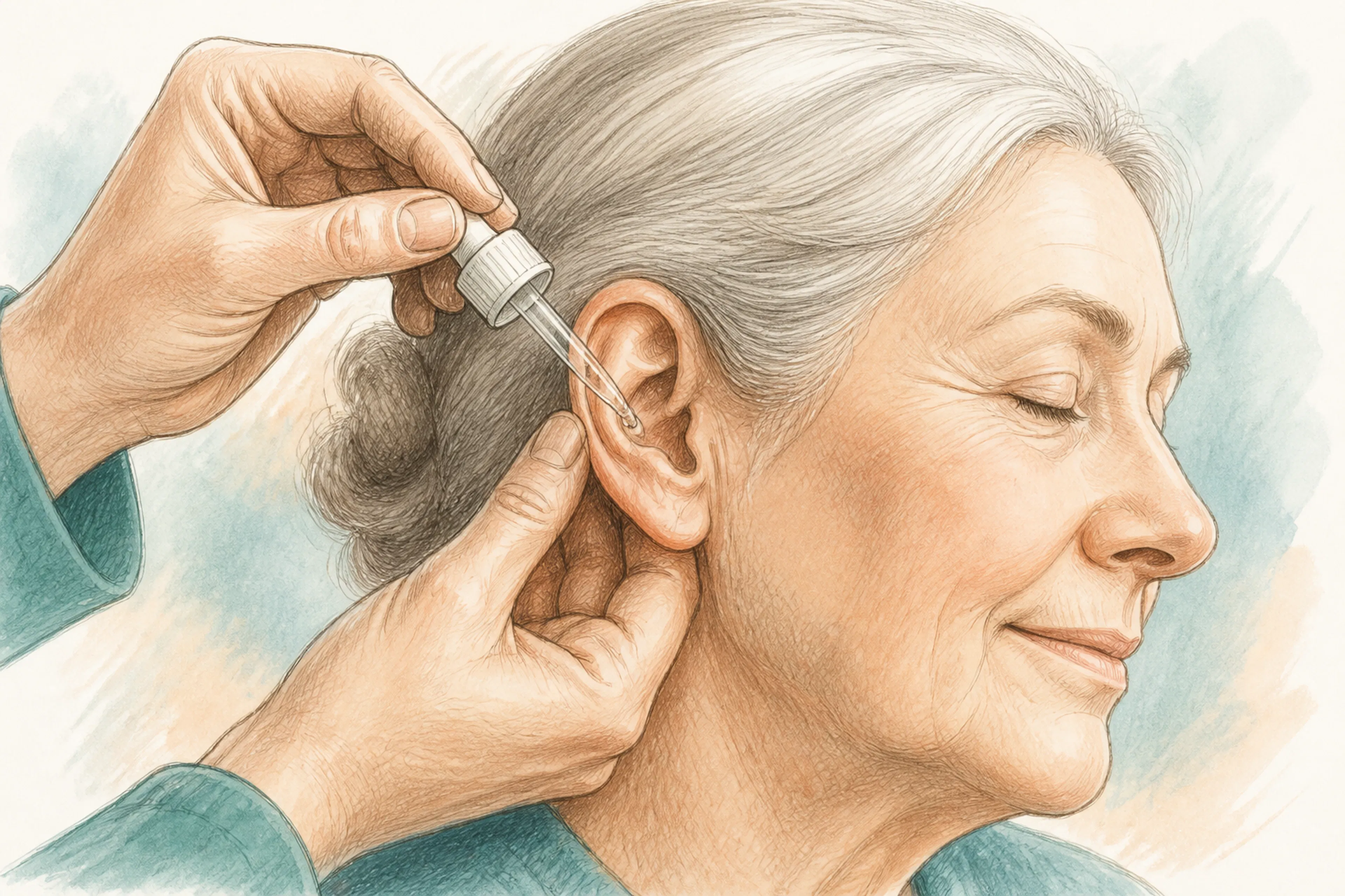 Close-up of safe ear softening drops being used before earwax removal