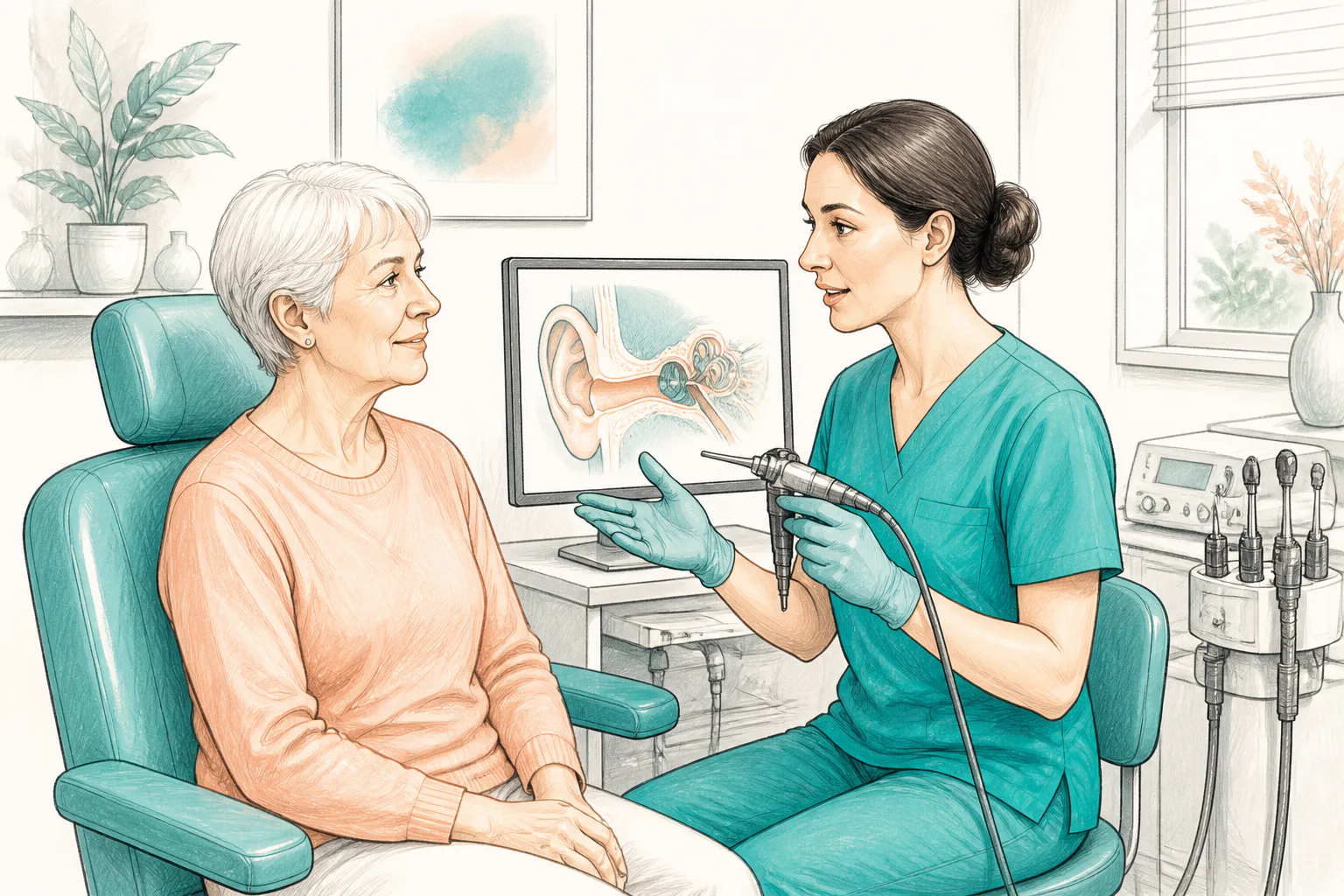 Audiologist explaining microsuction earwax removal to a patient