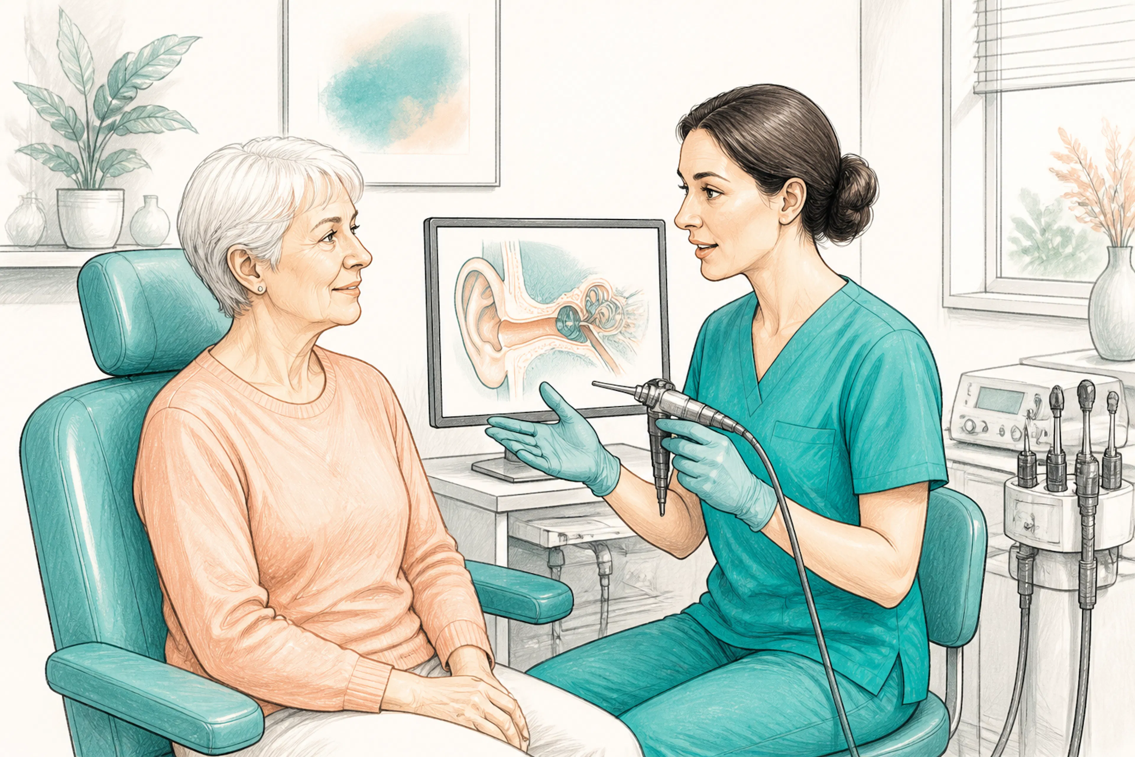 Audiologist explaining microsuction earwax removal to a patient