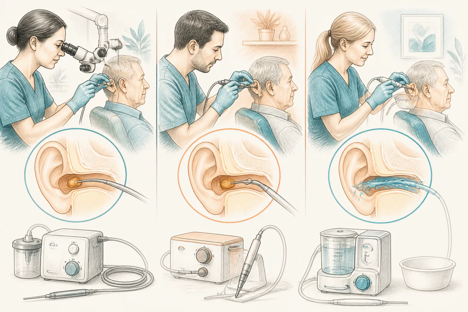 Comparison of earwax removal methods, including microsuction and irrigation