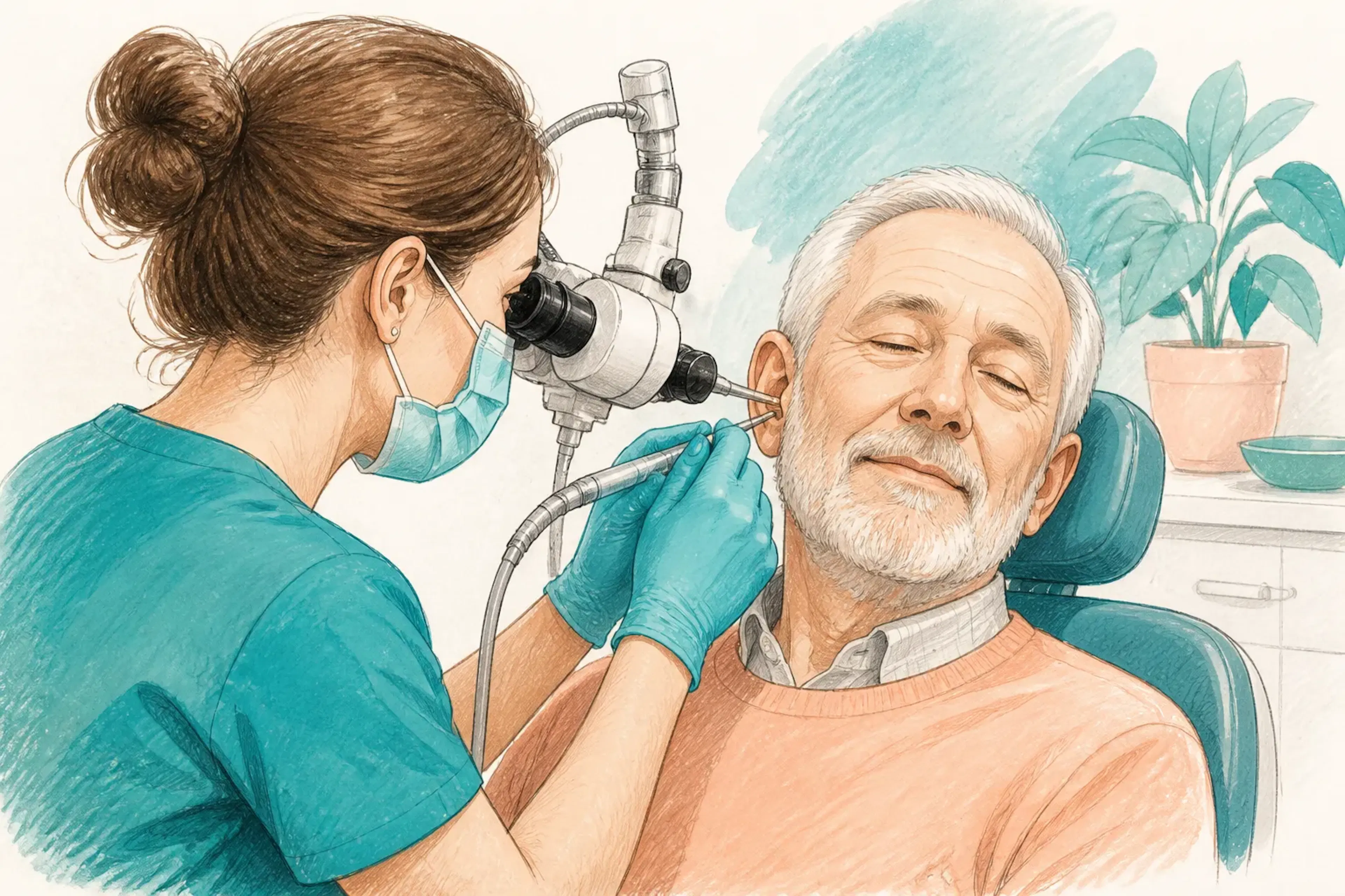 A specialist using microsuction equipment during an earwax removal appointment