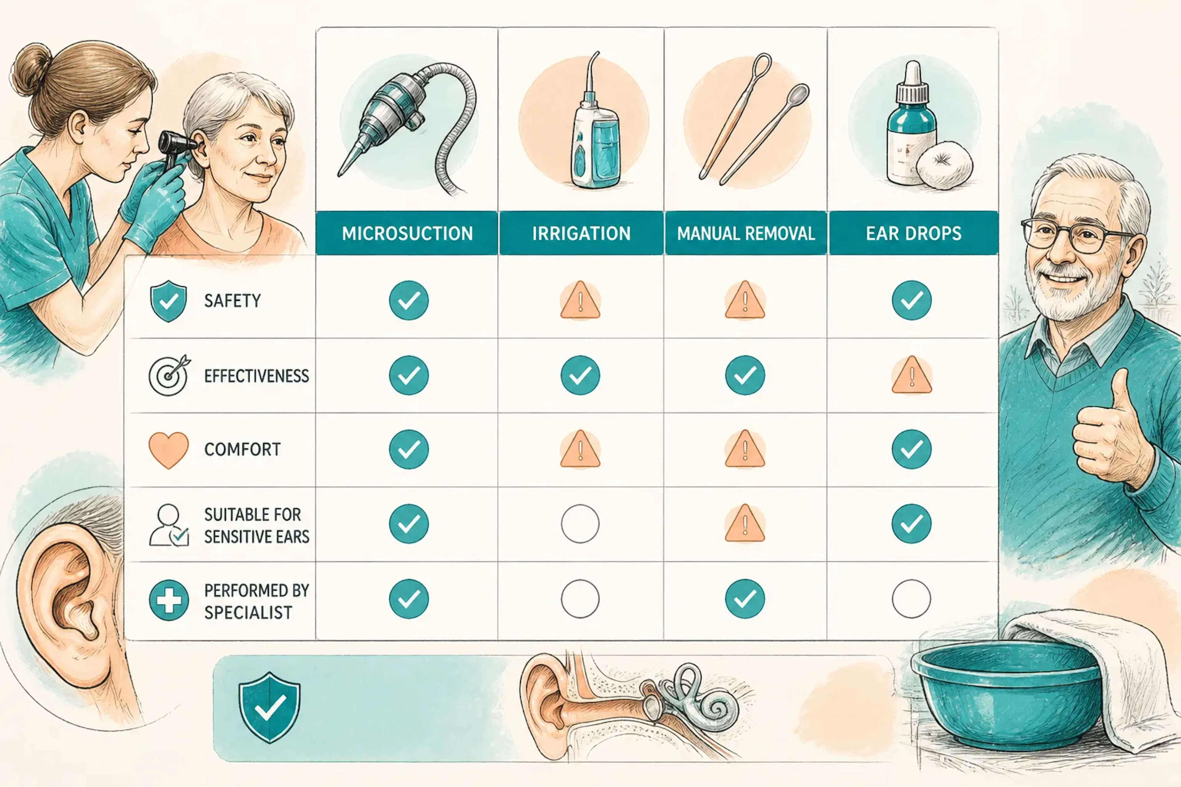 A comparison chart showing earwax removal options and safety factors