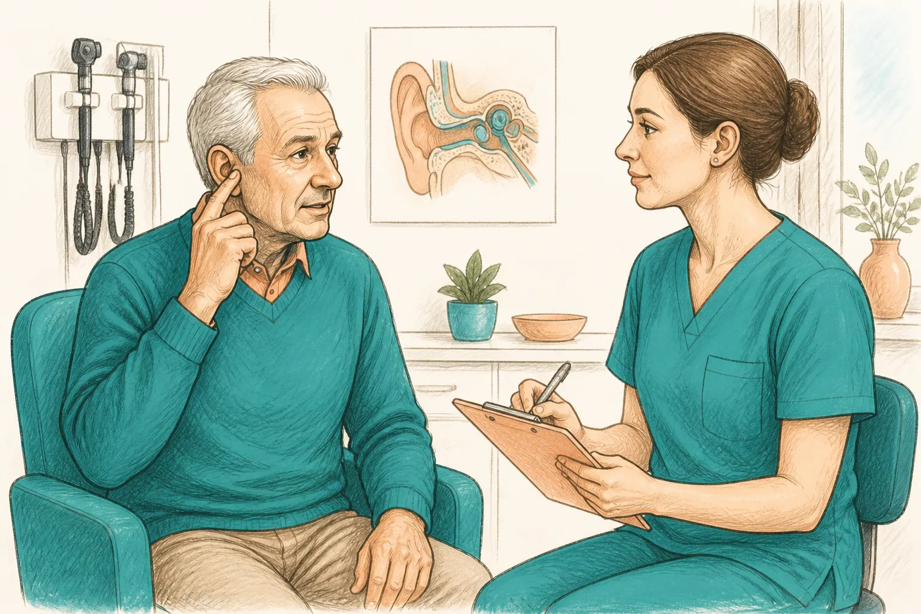 A patient discussing ear symptoms with a clinician before treatment