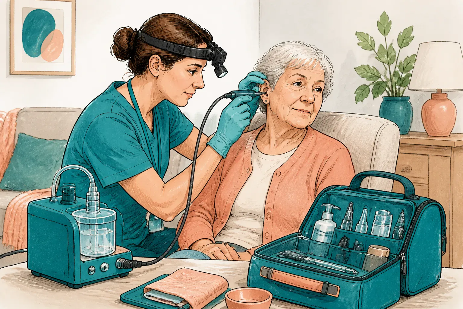 A home visit ear care setup with portable clinical equipment