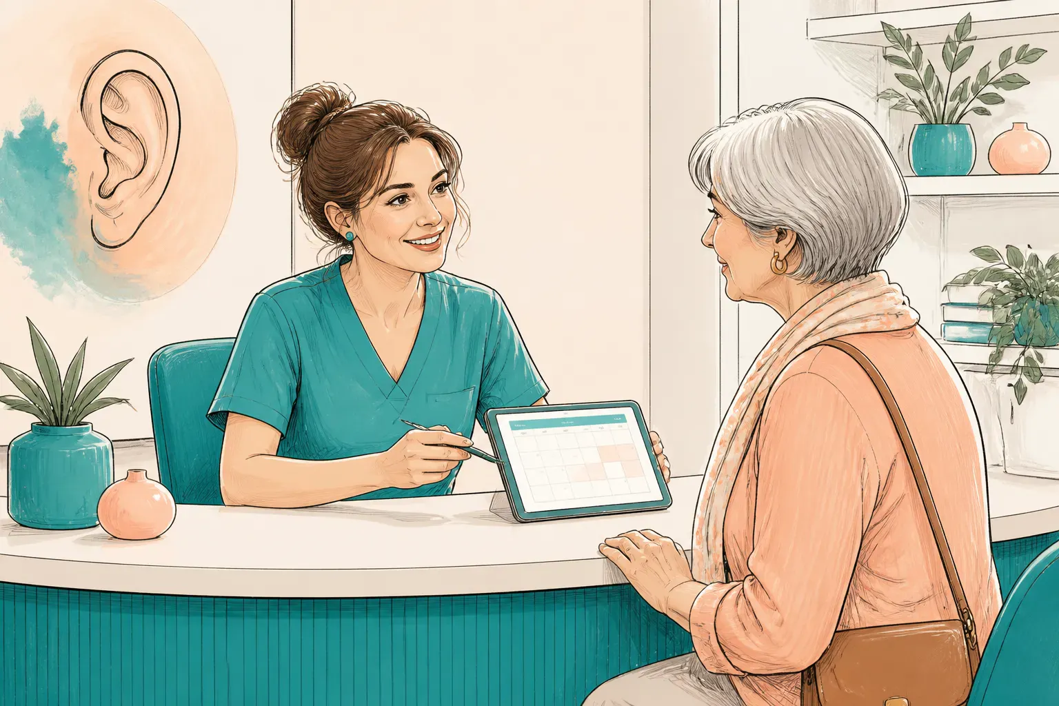 A receptionist helping a patient book an ear assessment appointment