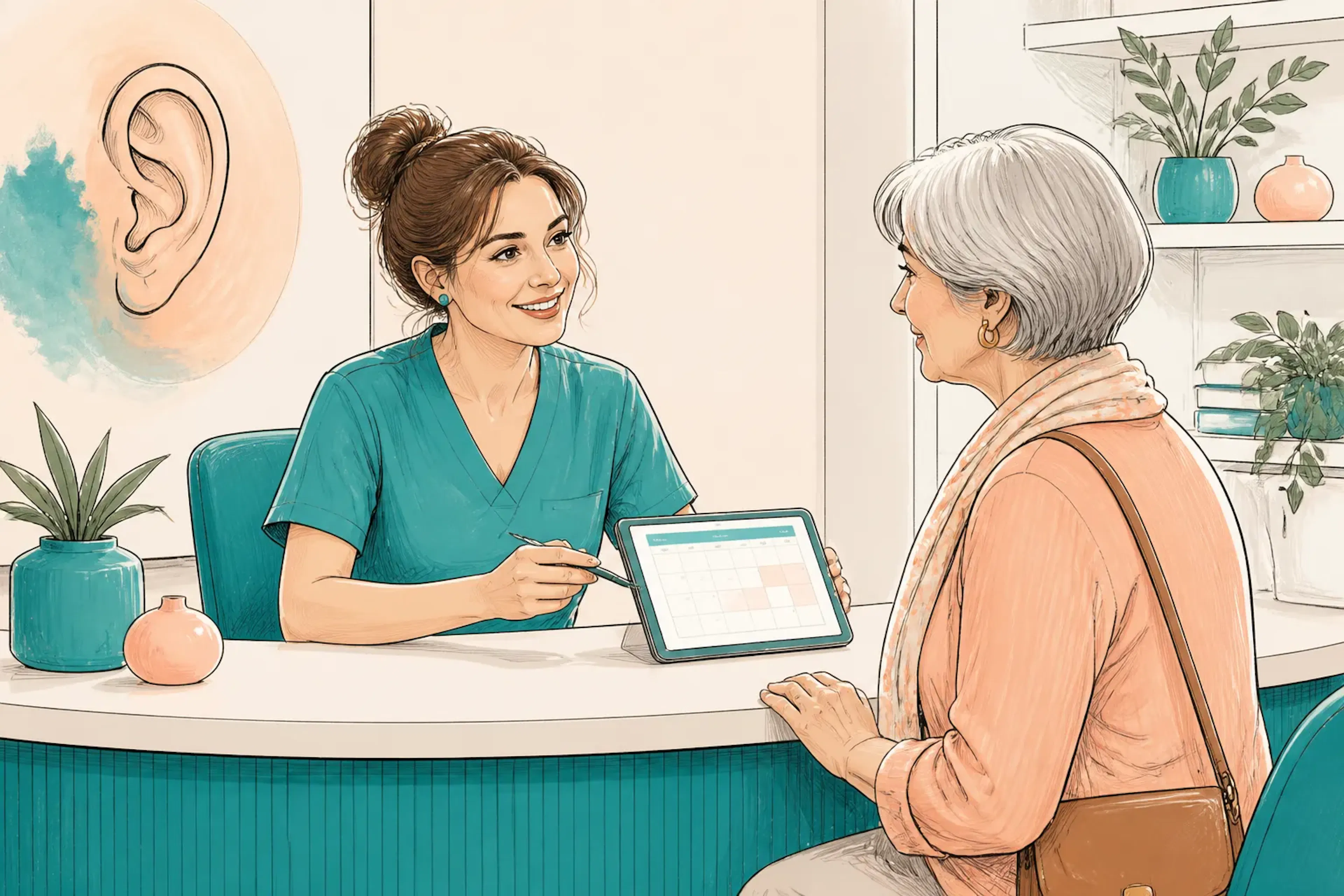 A receptionist helping a patient book an ear assessment appointment