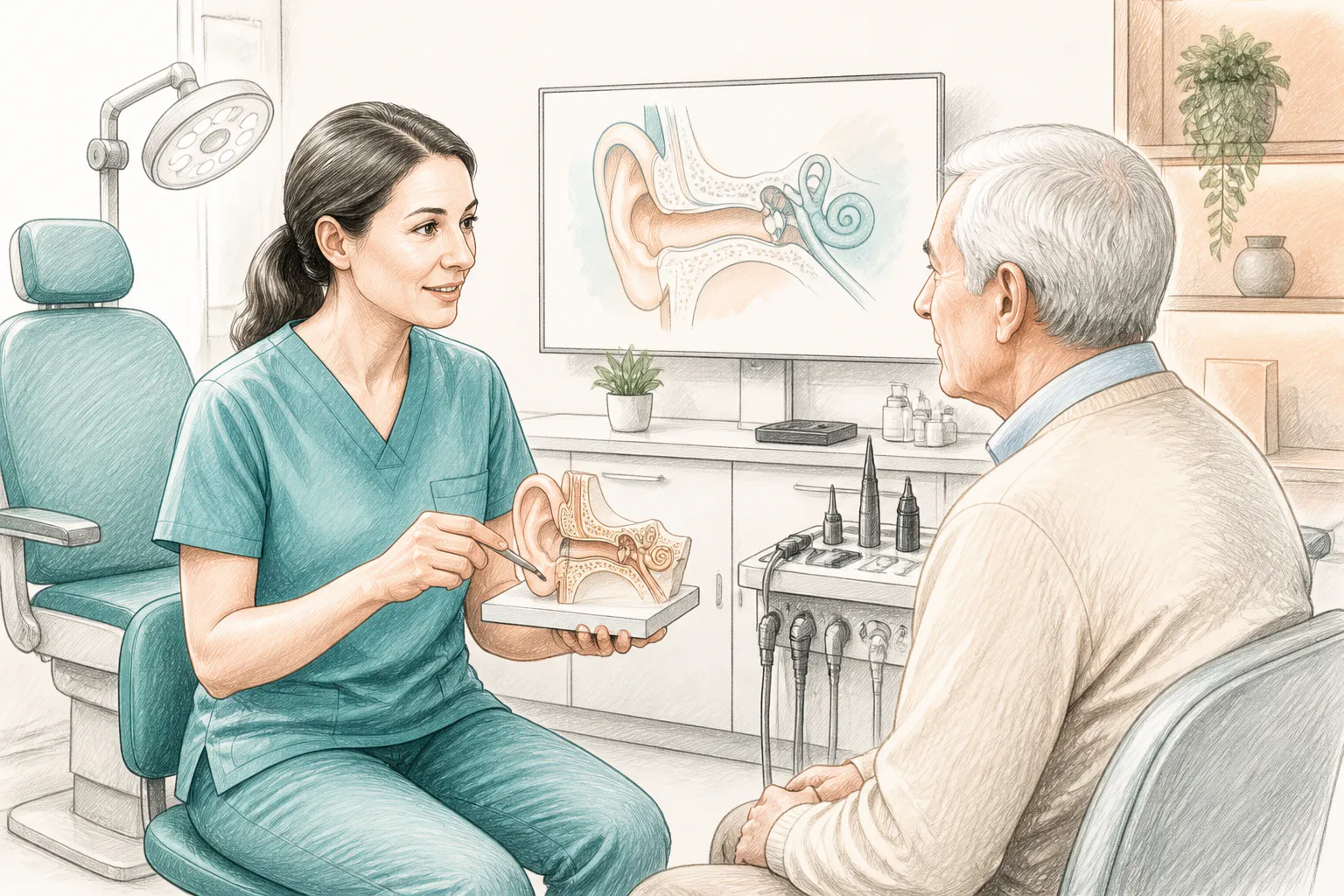 Clinician explaining earwax removal treatment options to a patient