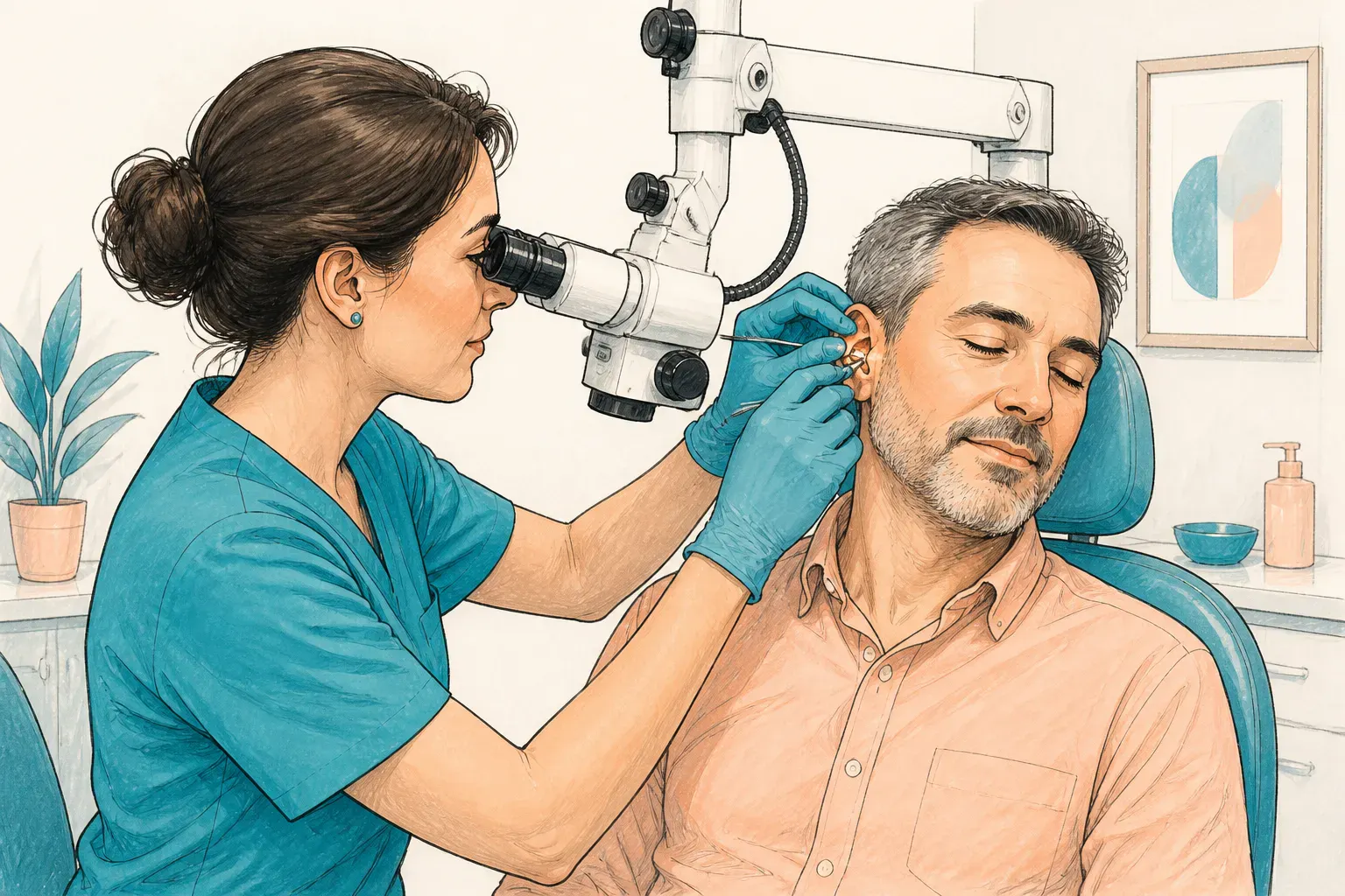 An ear specialist examining an adult’s ear with a microscope during a routine appointment