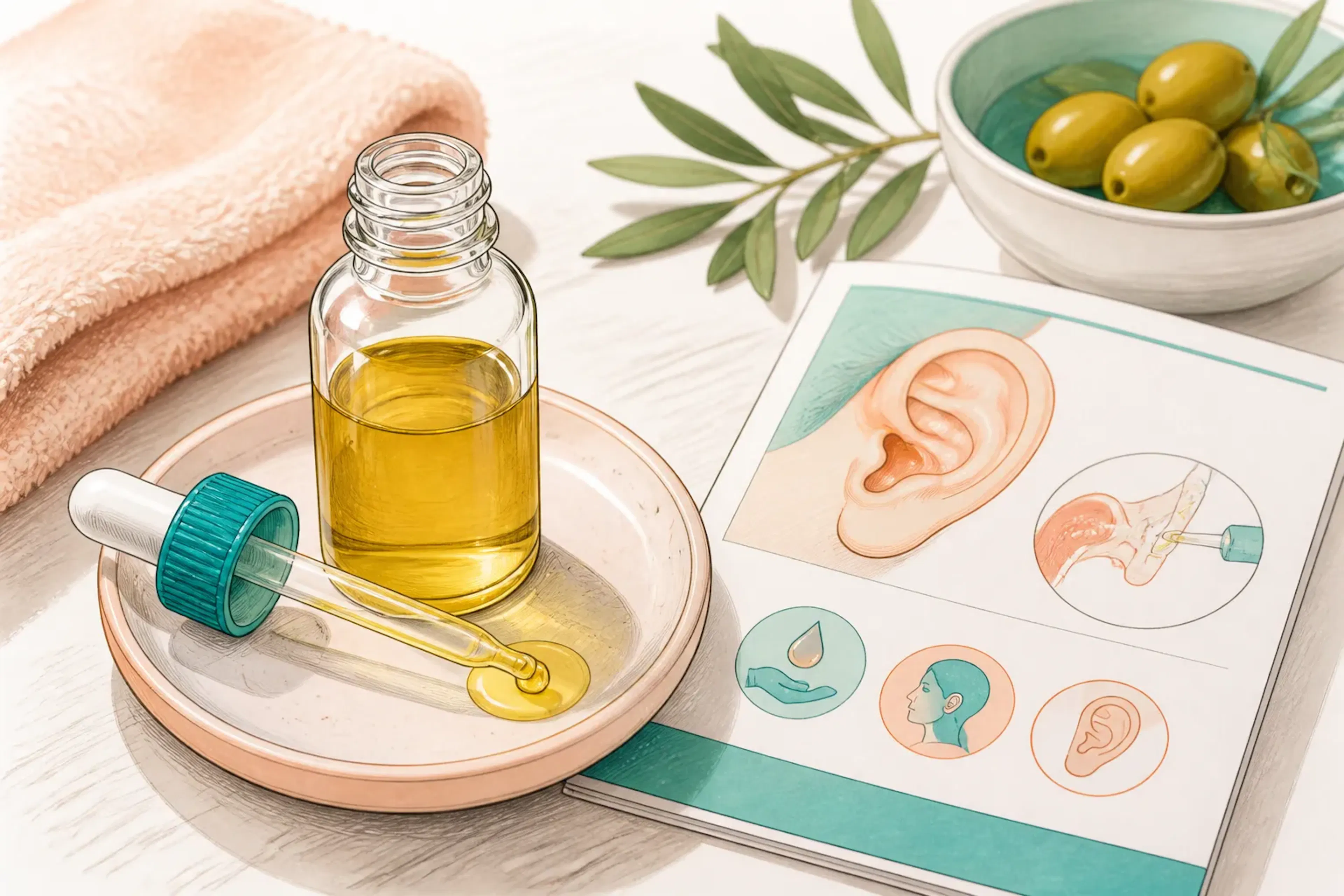 A close-up of olive oil drops being prepared beside a patient information leaflet