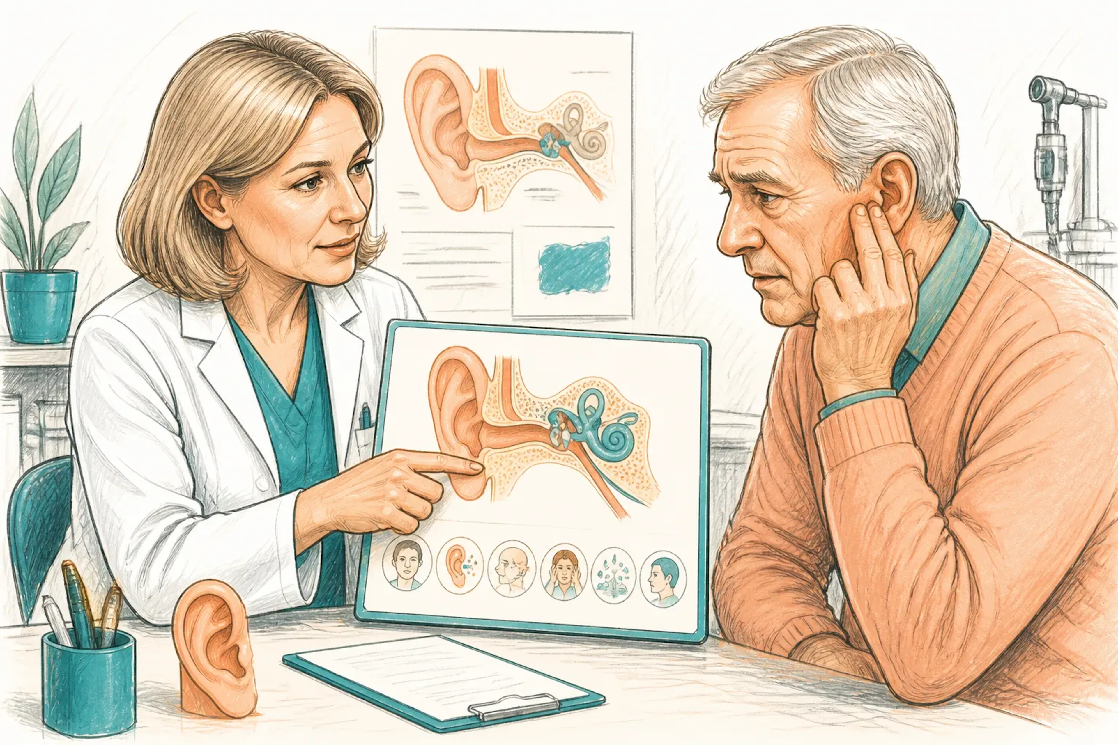 A doctor reviewing a hearing and ear health chart with a concerned patient