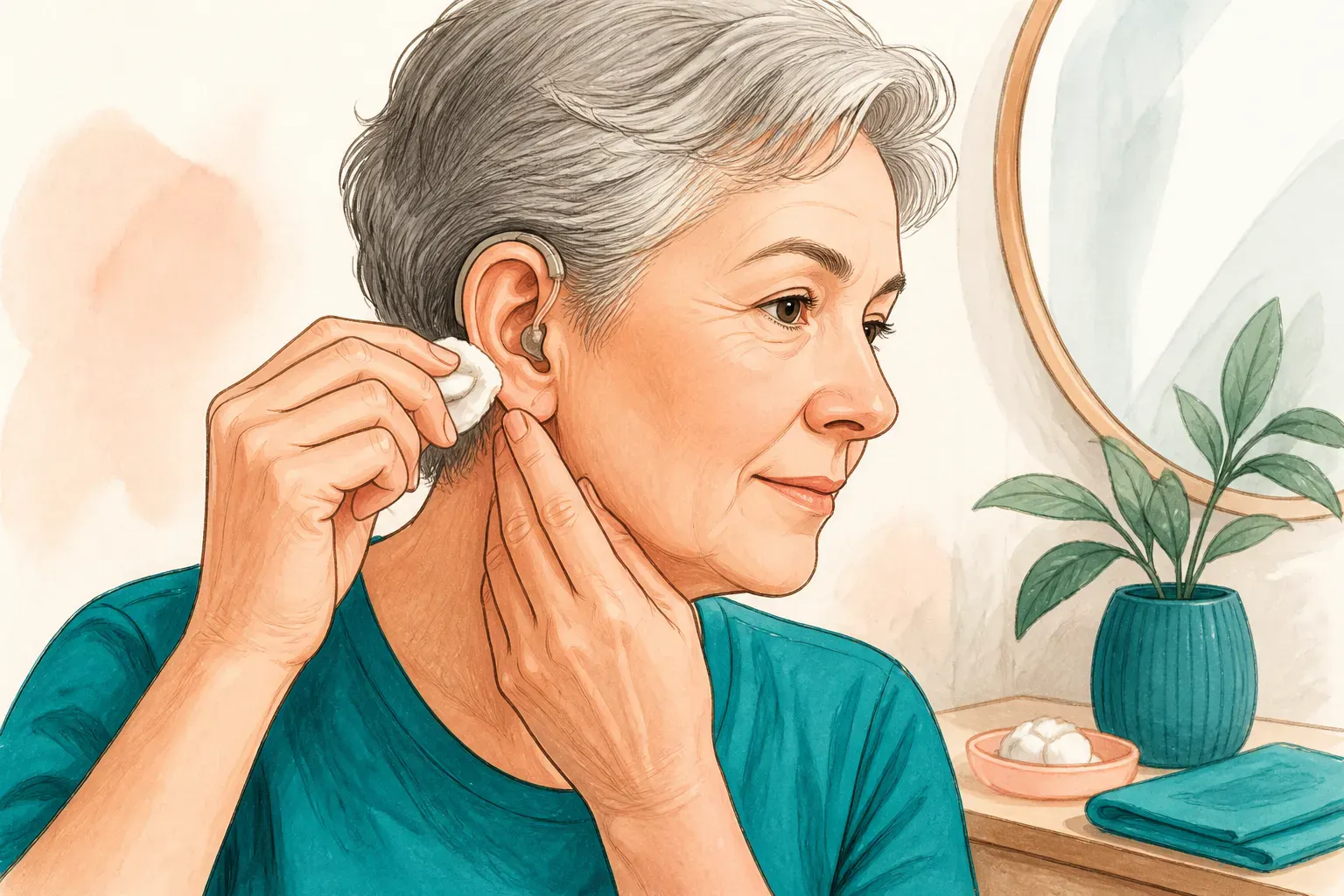 A person wearing hearing aids while cleaning around the ears with care
