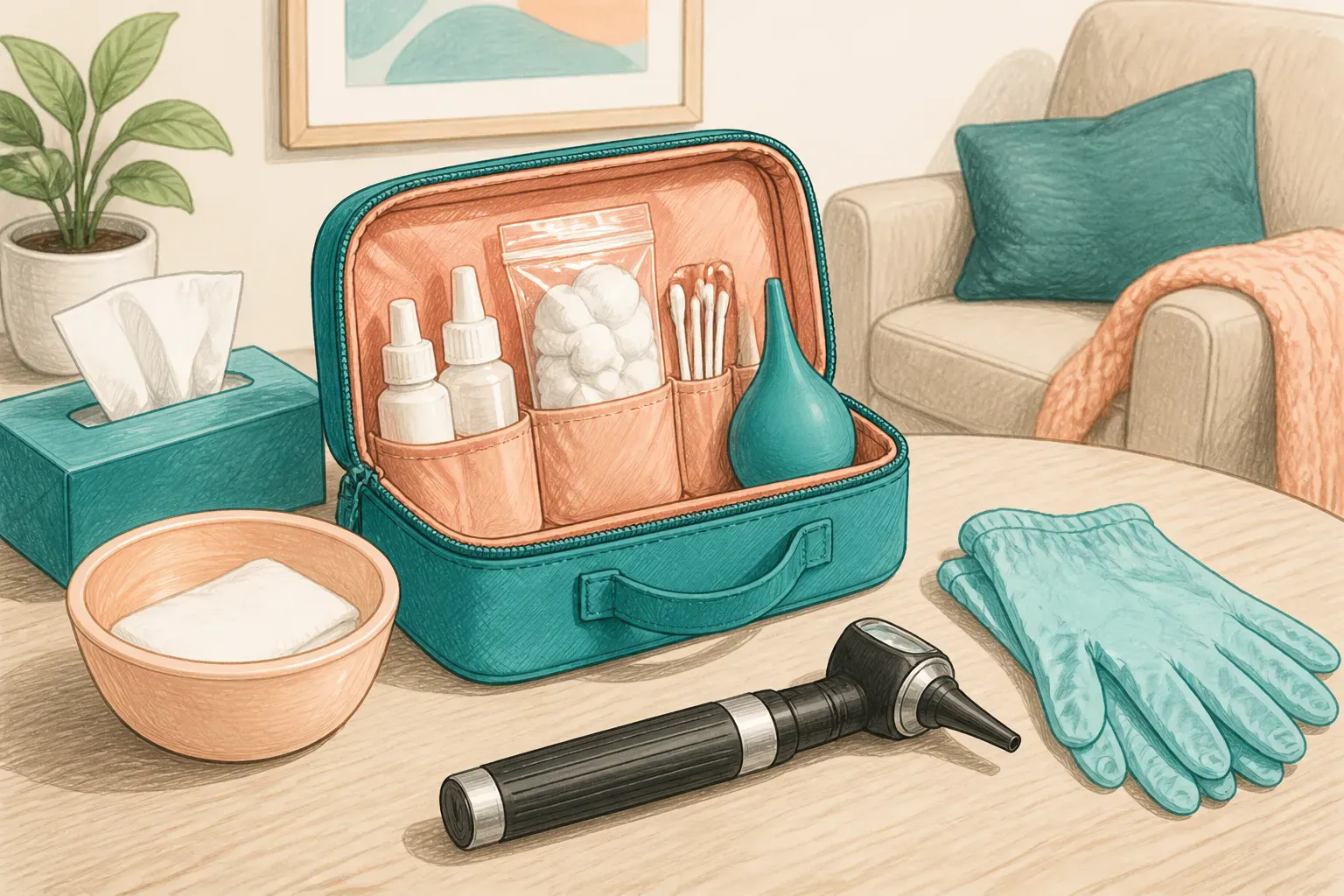 A home visit ear care kit arranged neatly on a table beside disposable gloves and an otoscope