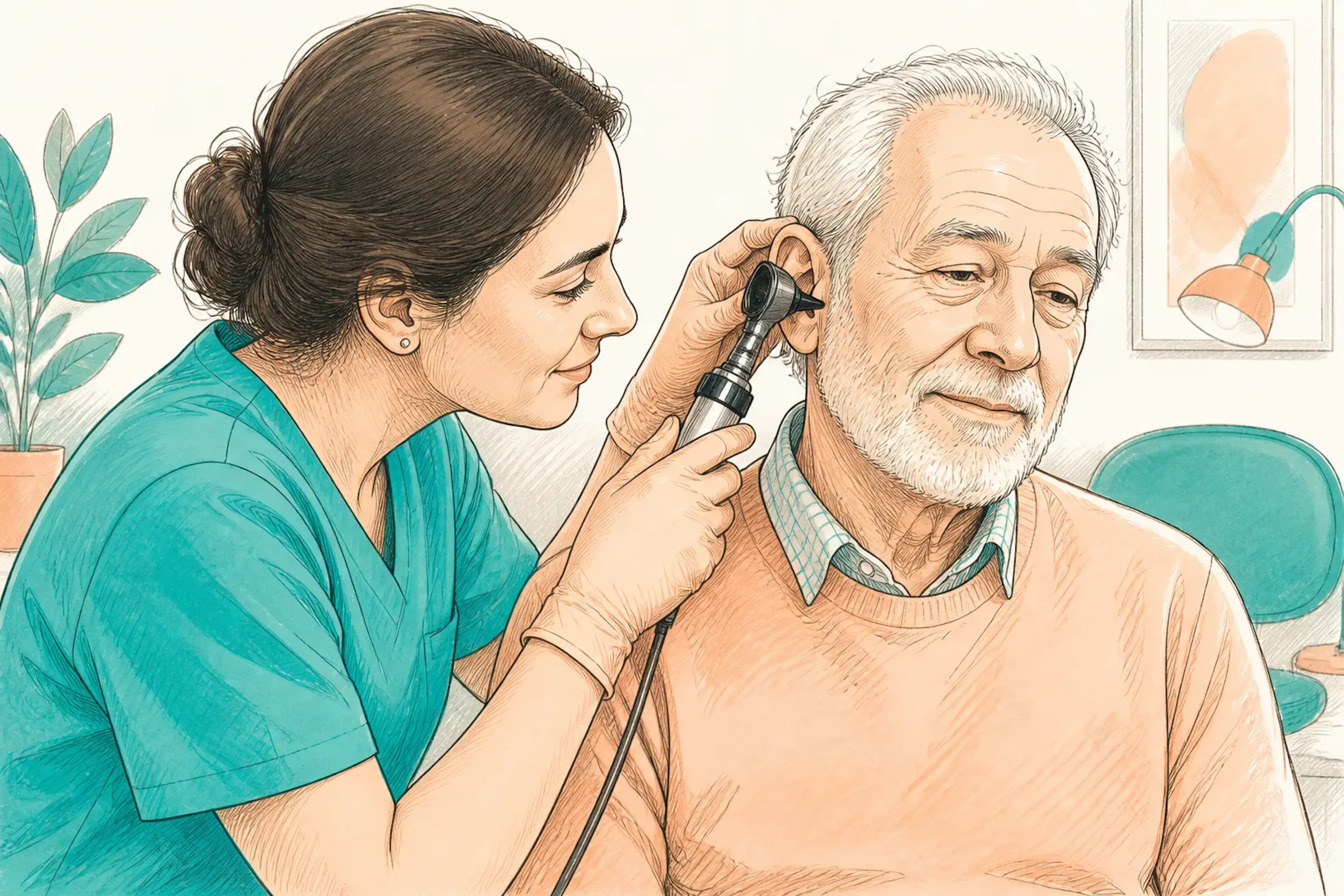 A clinician examining an older adult's ear with an otoscope