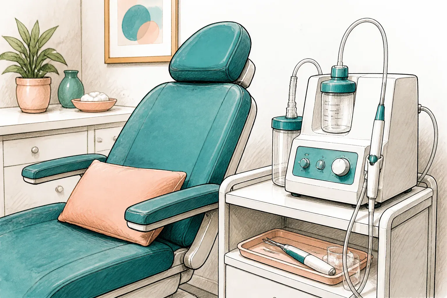 A microsuction device set up beside a treatment chair in a clinic