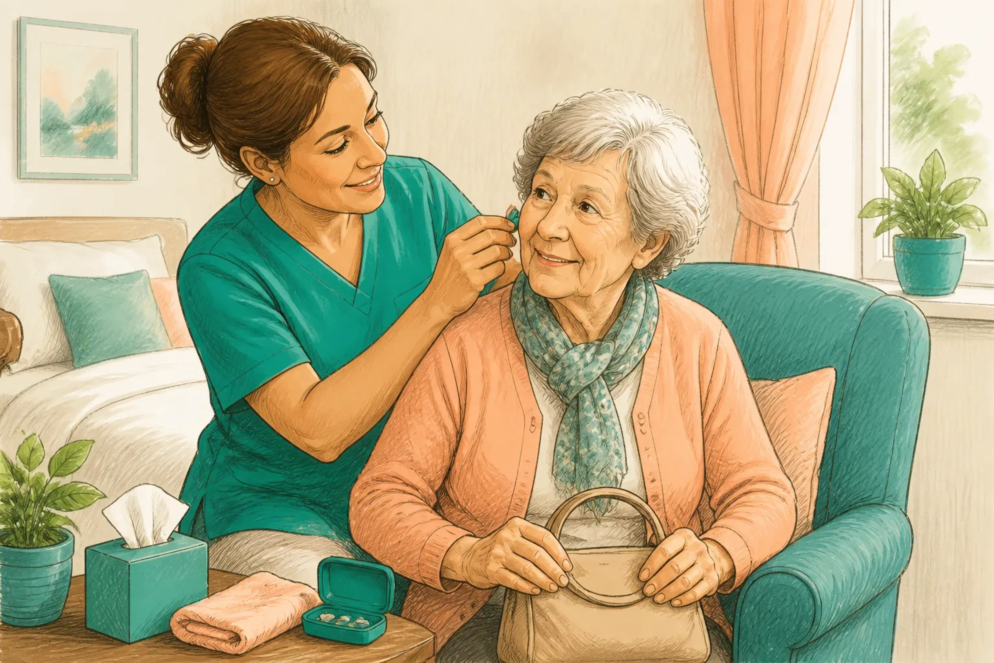 A care worker helping an elderly resident prepare for an ear appointment