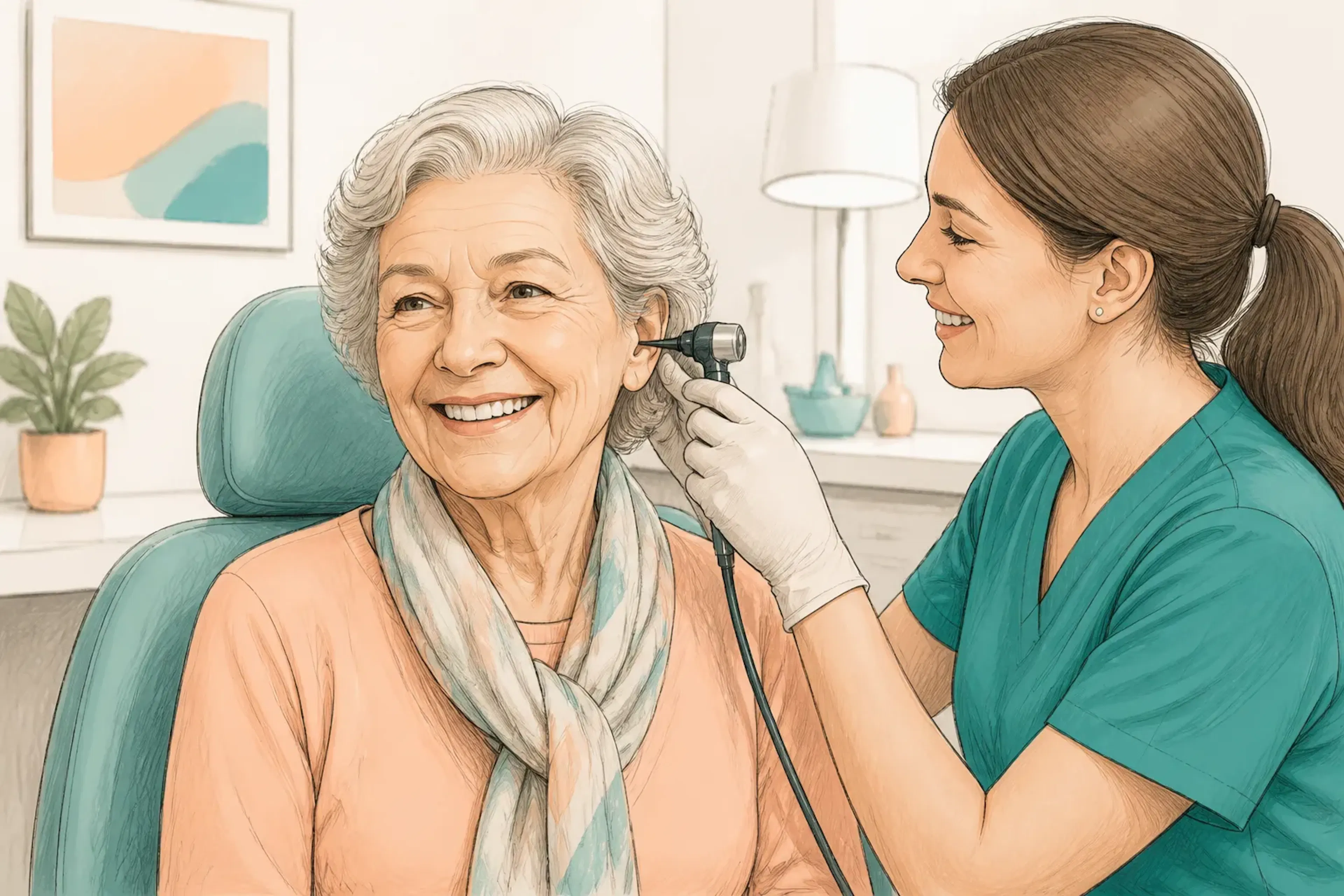 An older woman smiling after a gentle earwax removal appointment