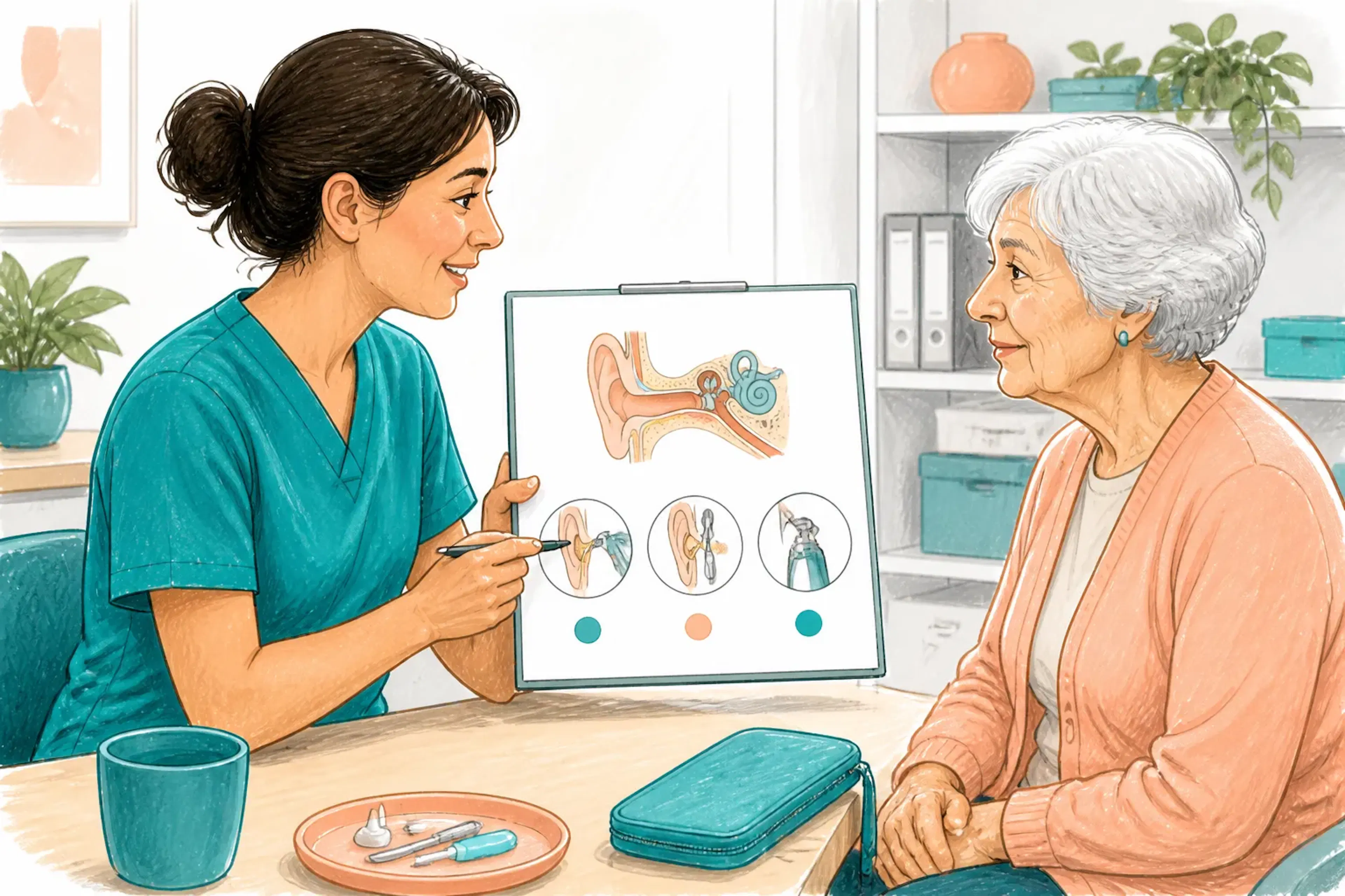 A clinician explaining earwax removal options to a patient using a simple diagram
