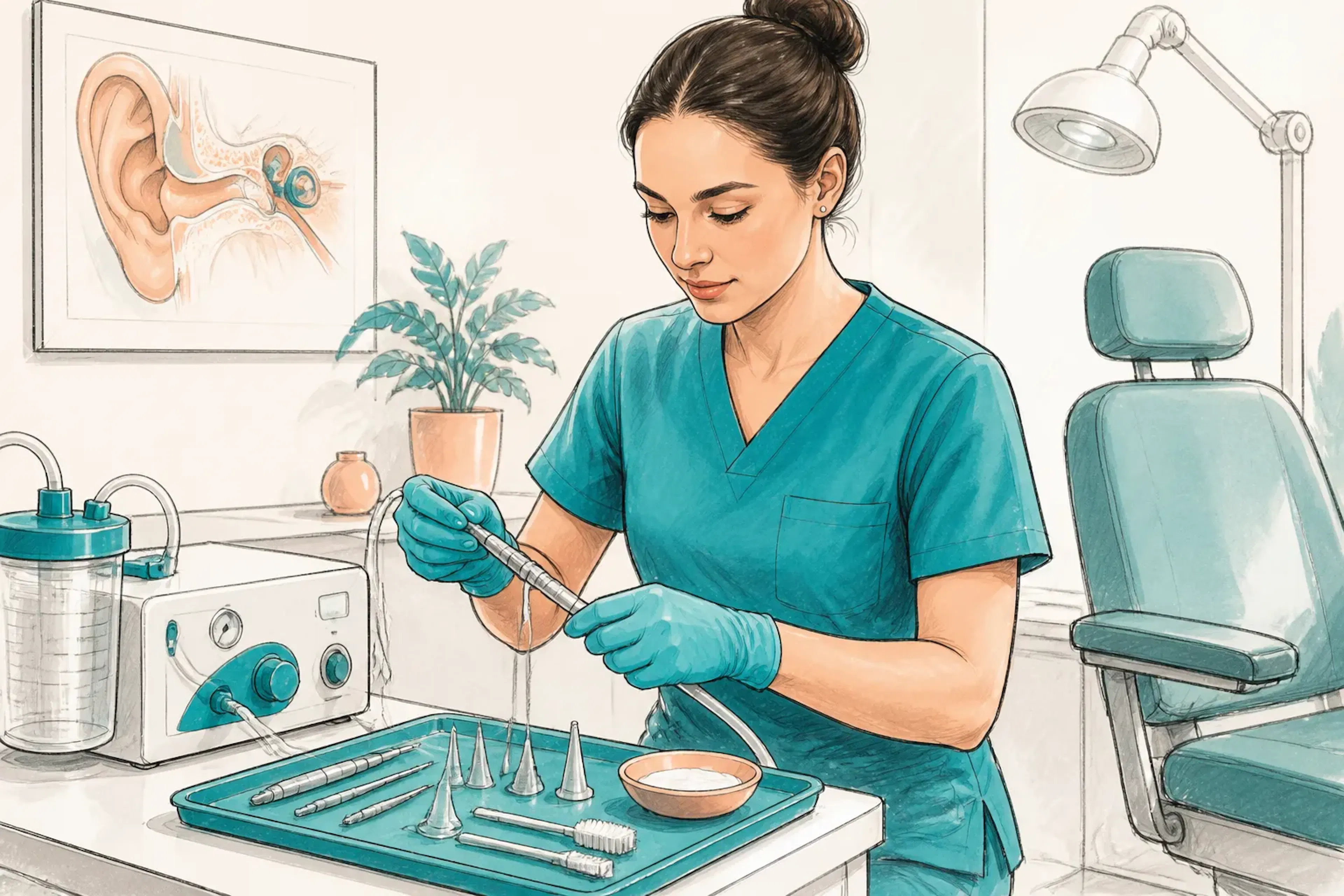 An audiologist preparing equipment for earwax removal in a clinic room