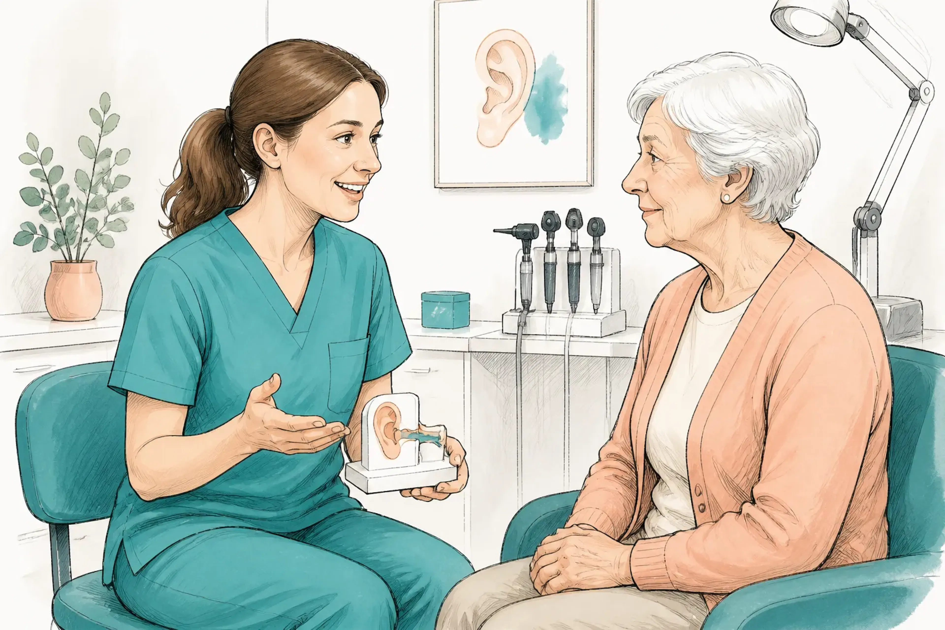A reassuring clinician speaking with an older patient during an ear health consultation