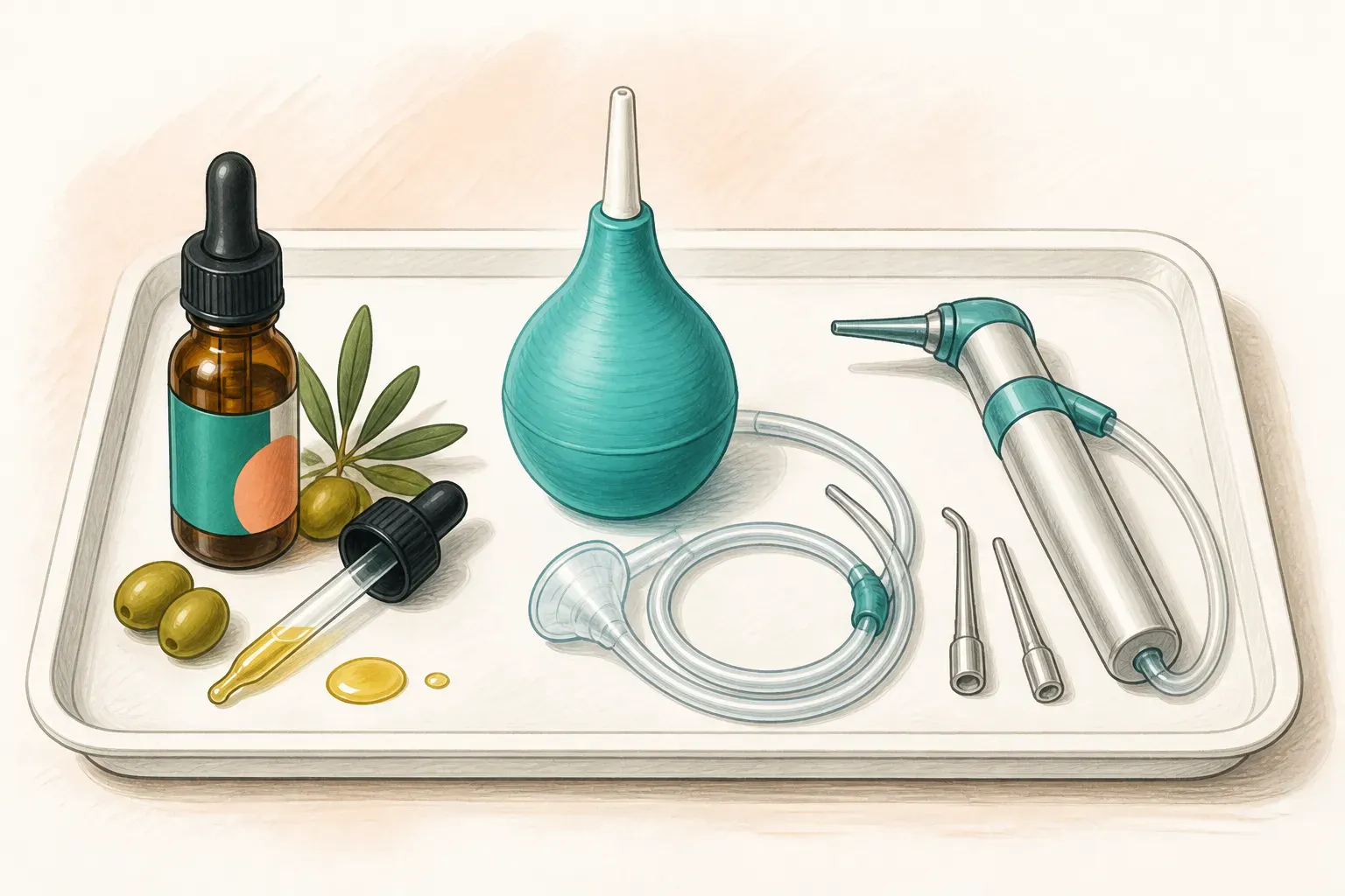 A comparison of olive oil drops, irrigation equipment, and microsuction tools on a clean tray