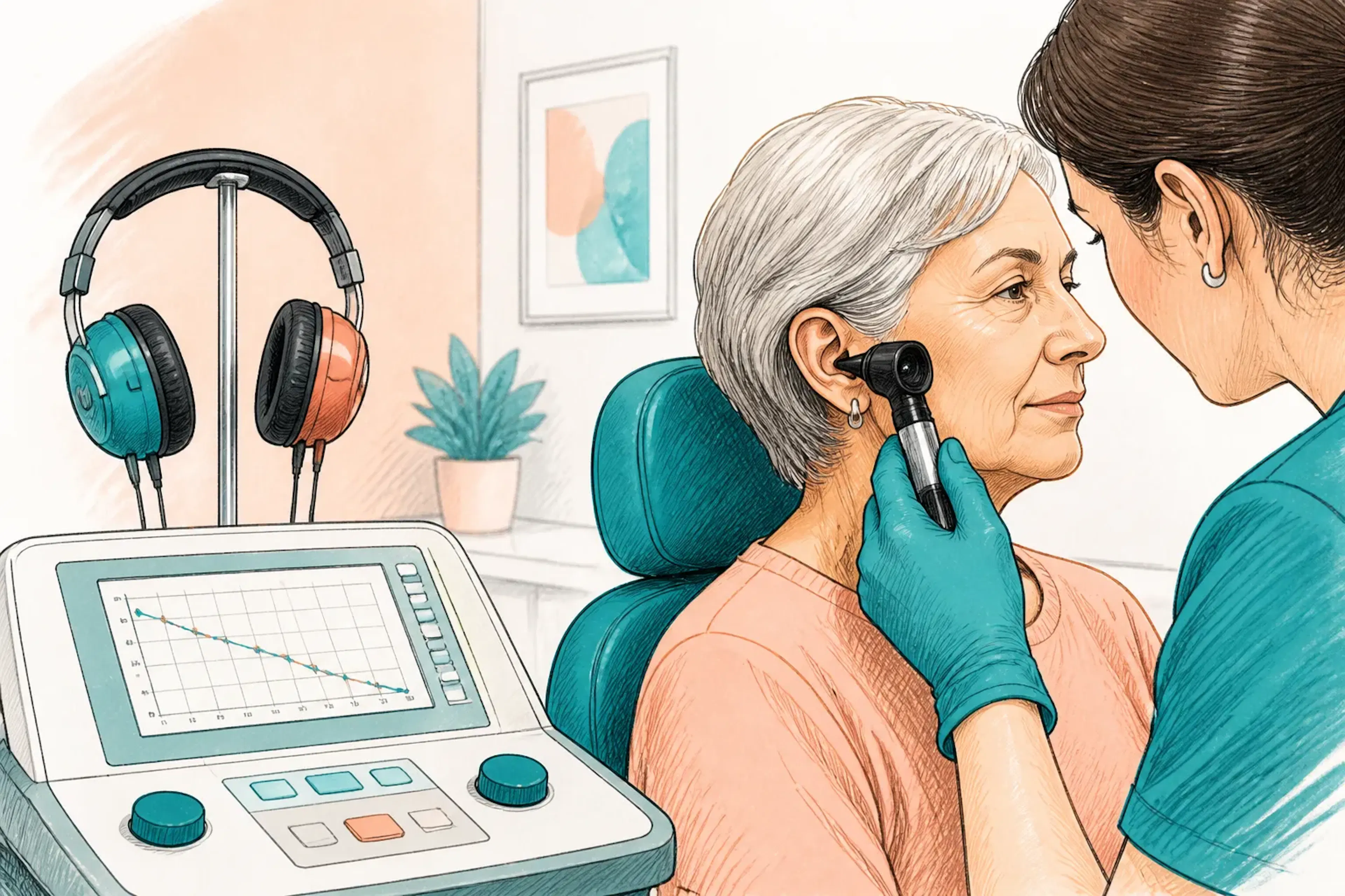A close-up of a hearing test and ear examination setup in a modern clinic