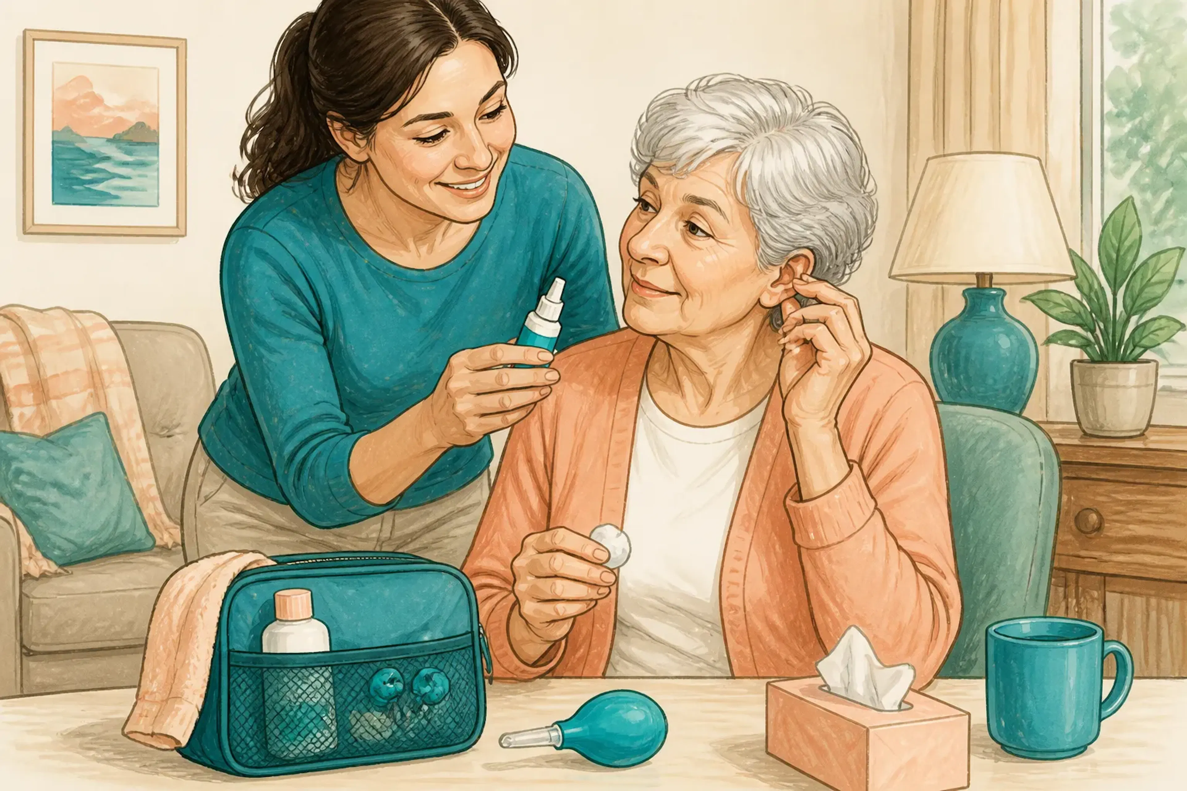 A family member helping an older relative prepare for an ear appointment at home