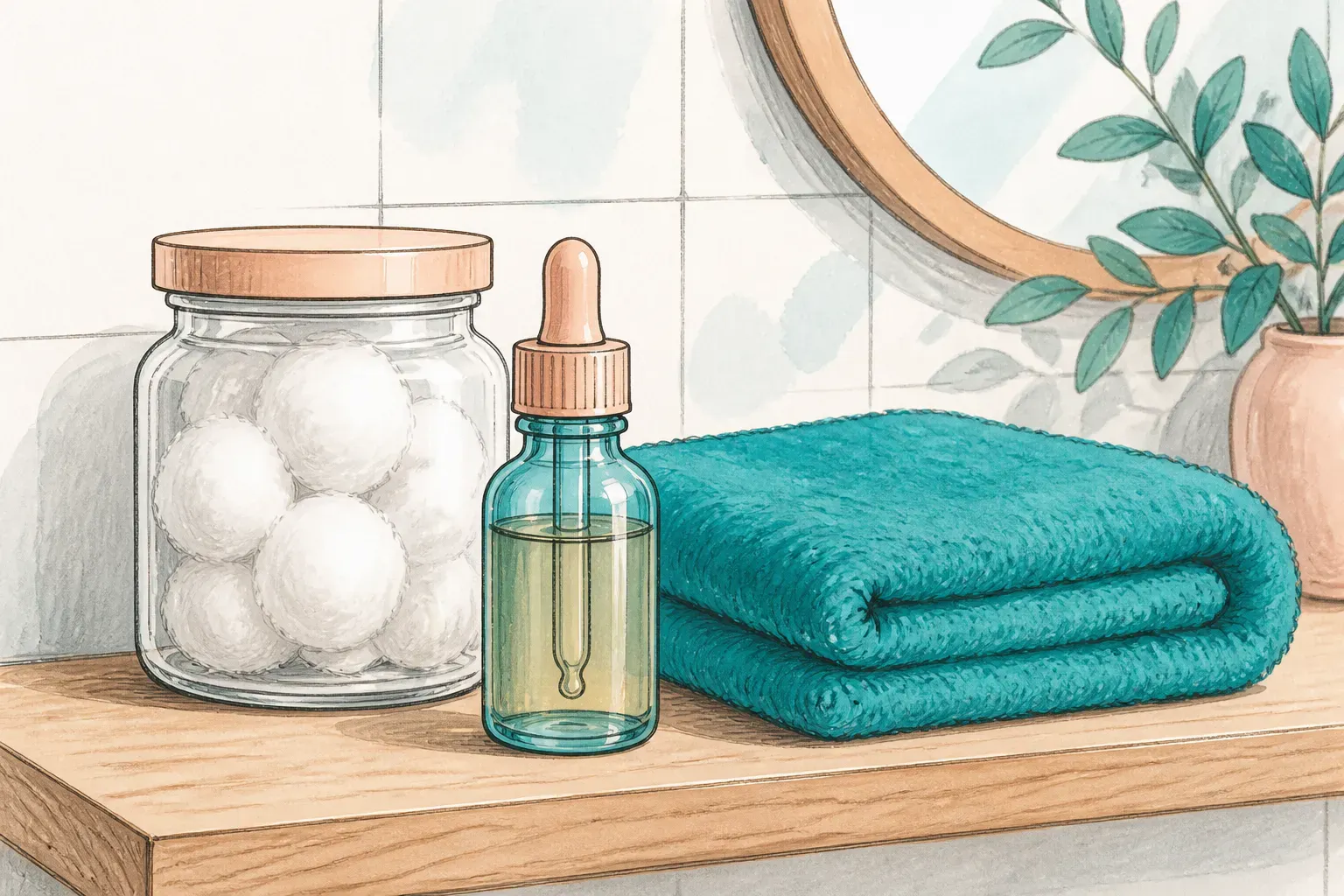 Cotton wool, olive oil drops, and a clean towel arranged on a bathroom shelf