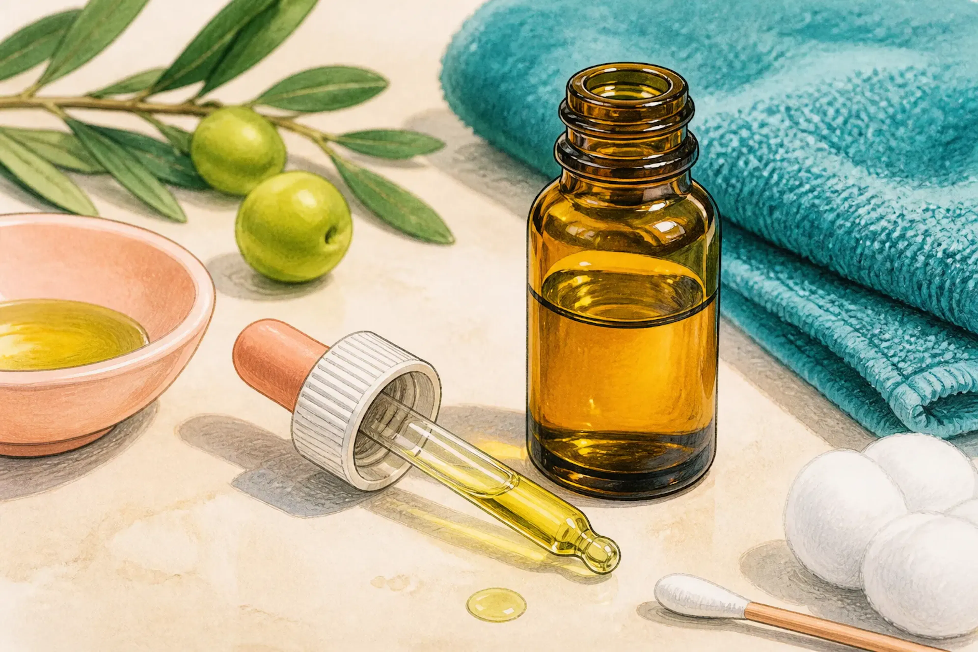 A close-up of olive oil ear drops beside a glass dropper bottle