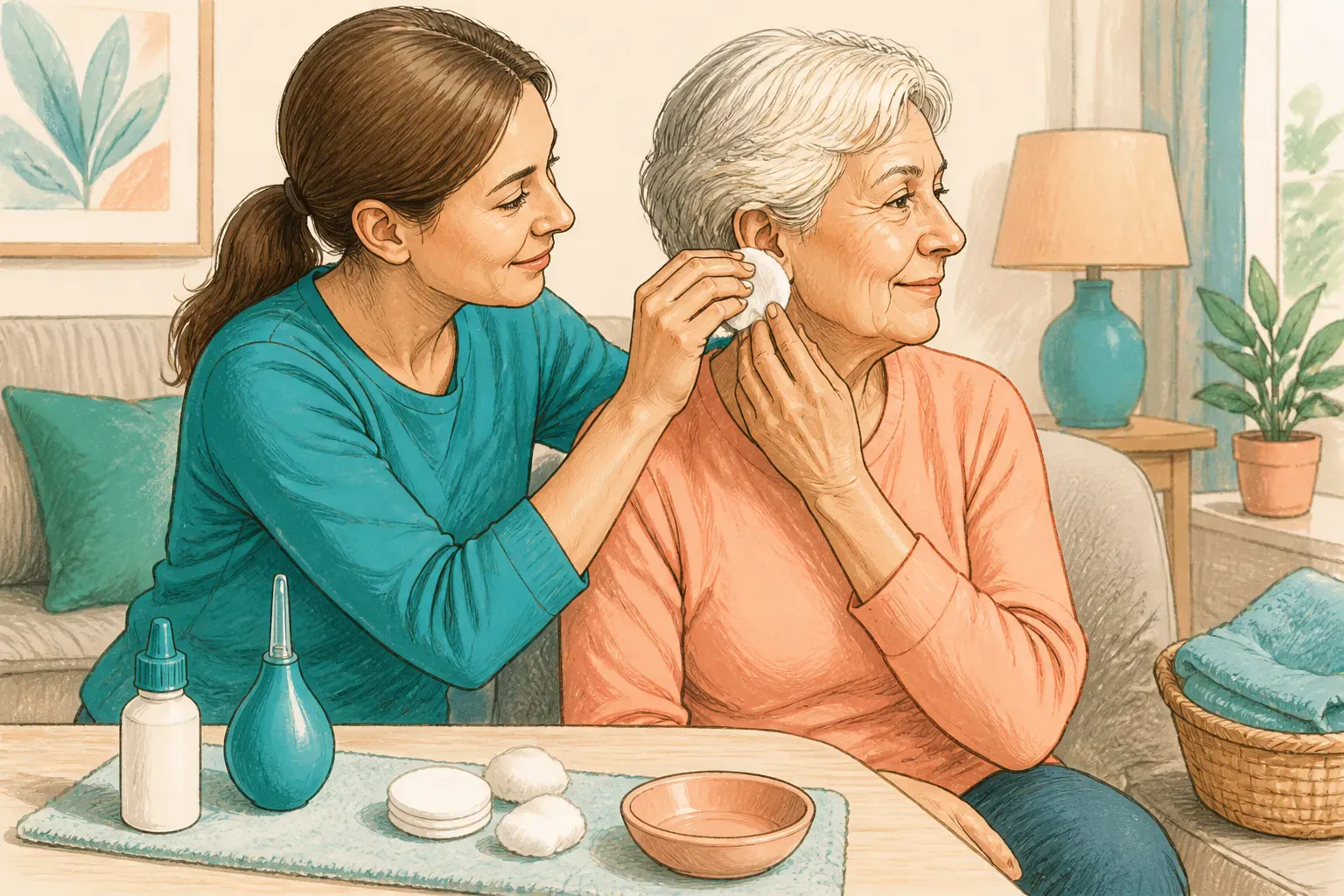 A family member helping an older adult prepare for ear care at home