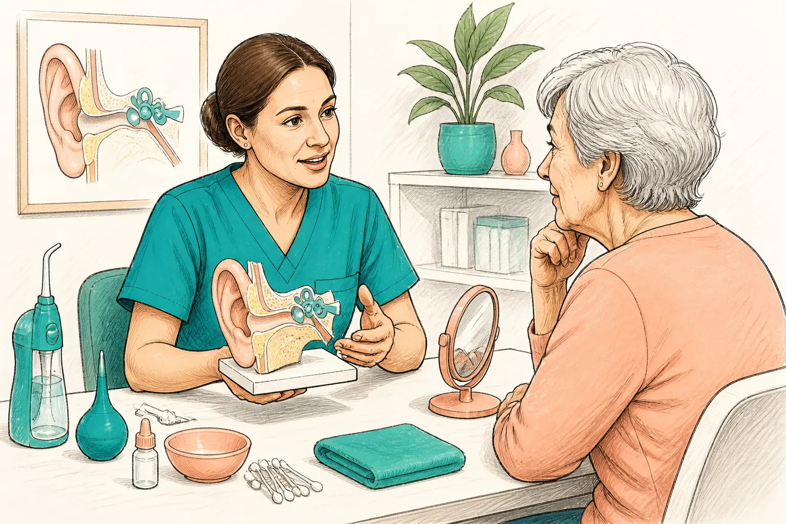 A clinician explaining earwax removal options to a patient in a calm consultation room