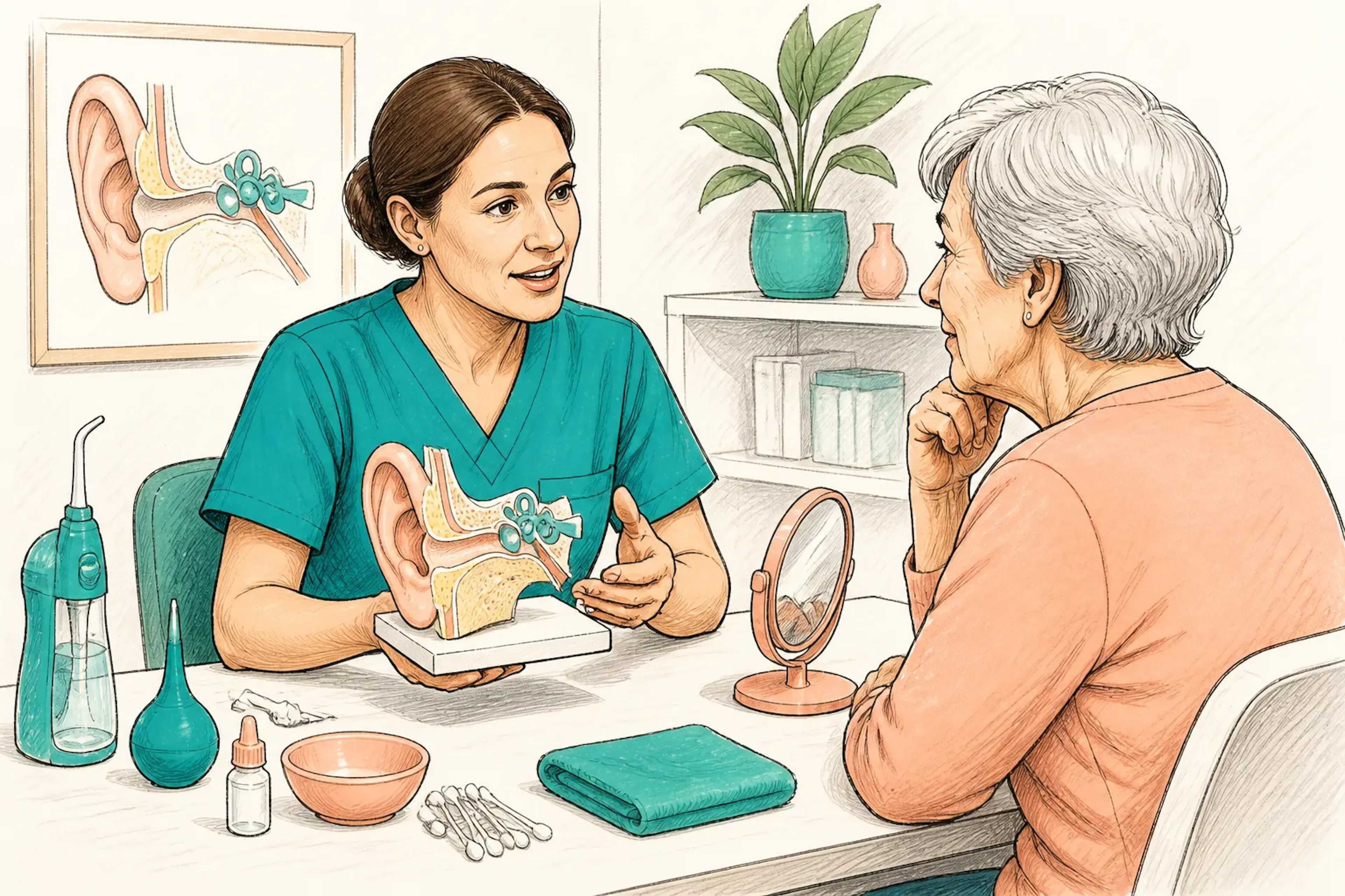 A clinician explaining earwax removal options to a patient in a calm consultation room