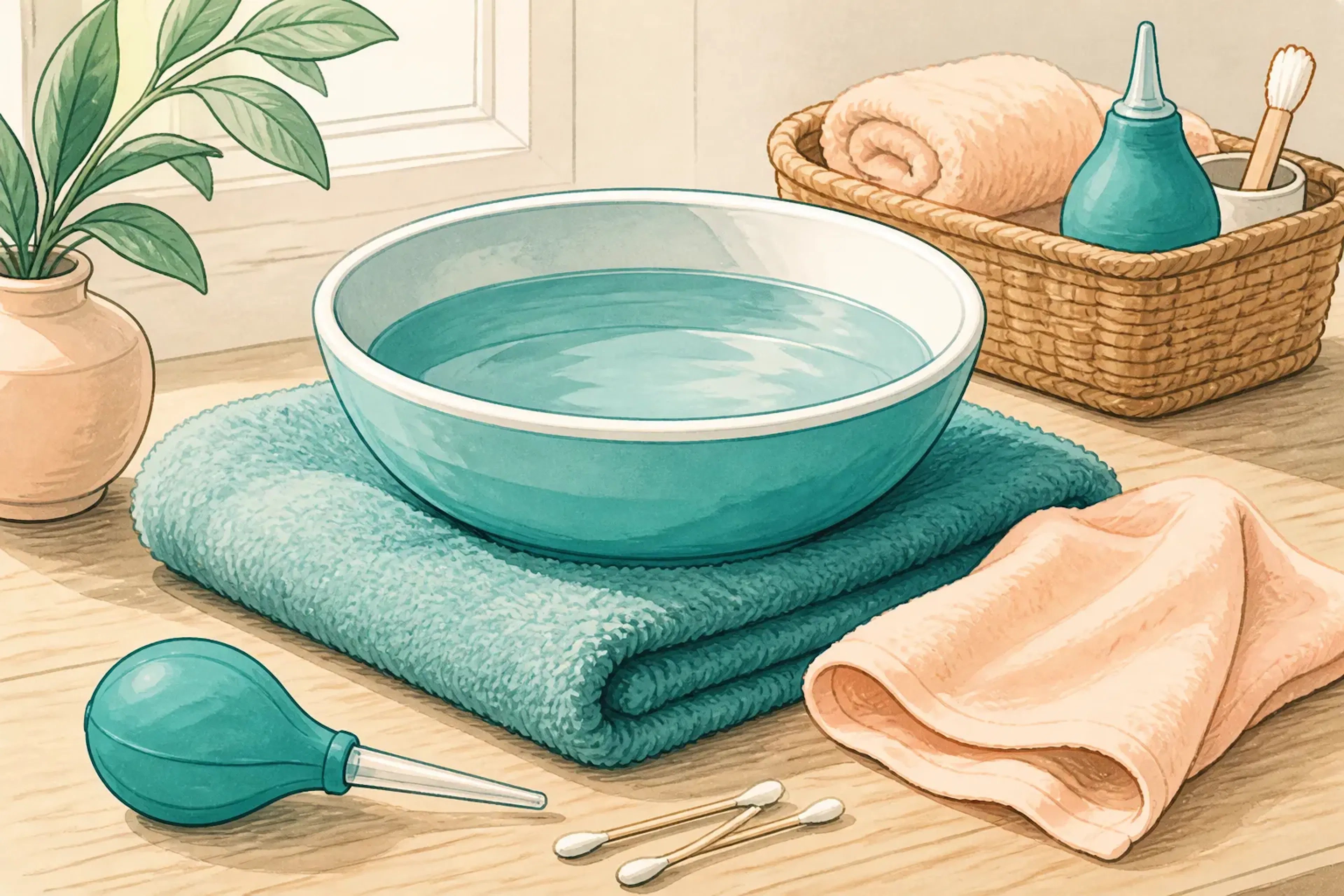 A simple home ear care setup with a bowl of warm water, towel, and soft cloth