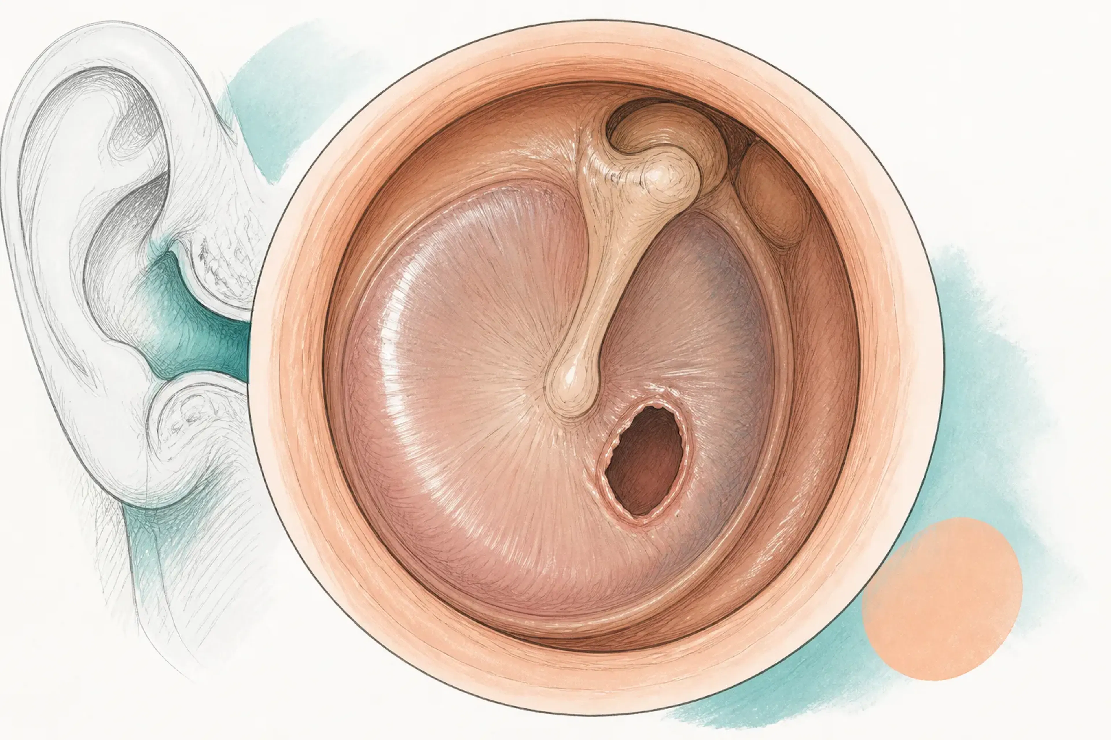 Close-up of an eardrum diagram showing a small perforation