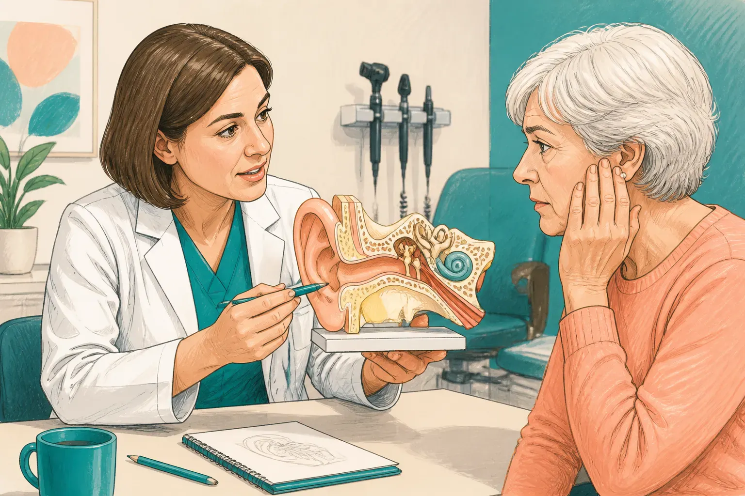 A doctor explaining ear anatomy to a concerned patient