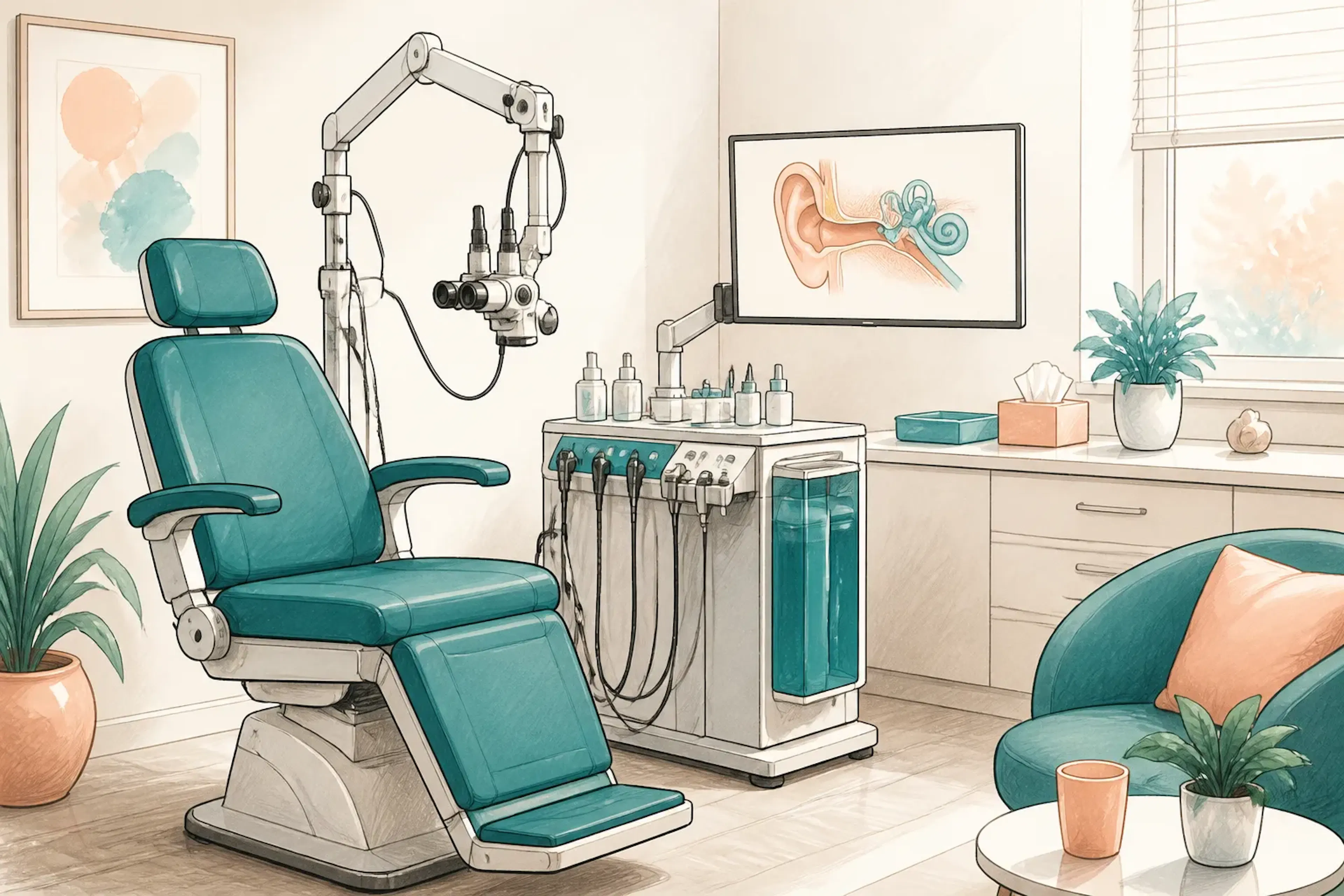 A GP consultation room with an ear examination chair and medical equipment