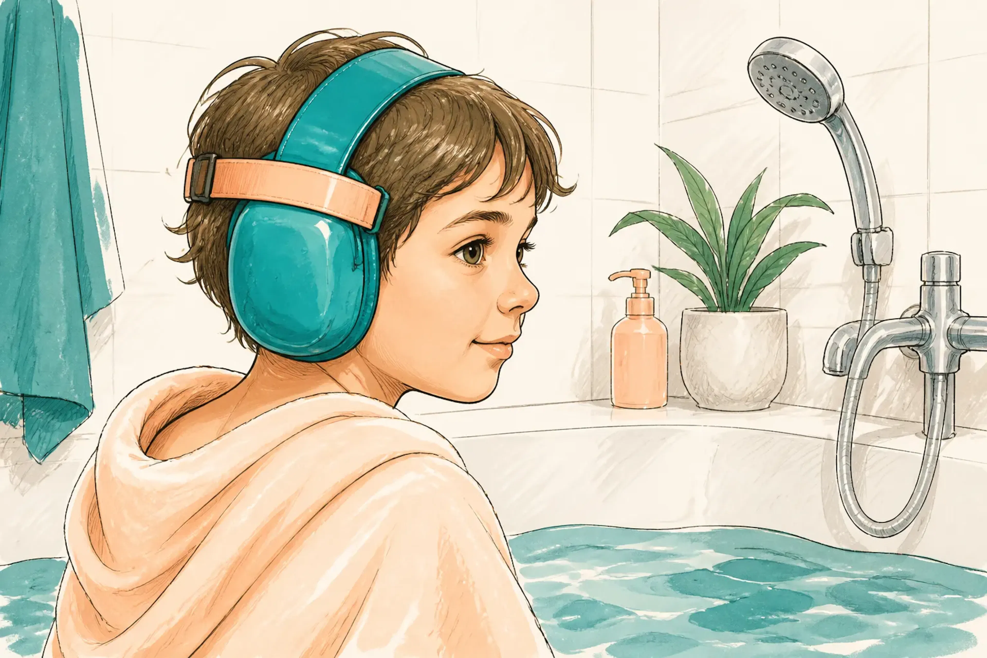 A child wearing ear protection near water during bathing