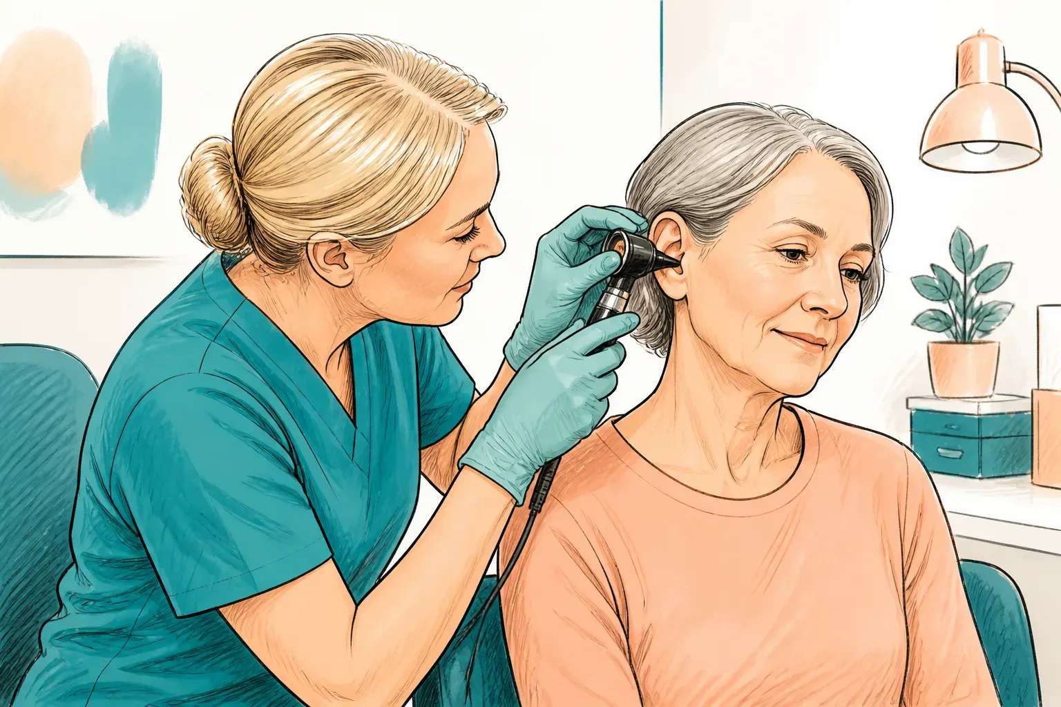 A clinician gently examining a patient's ear during a consultation