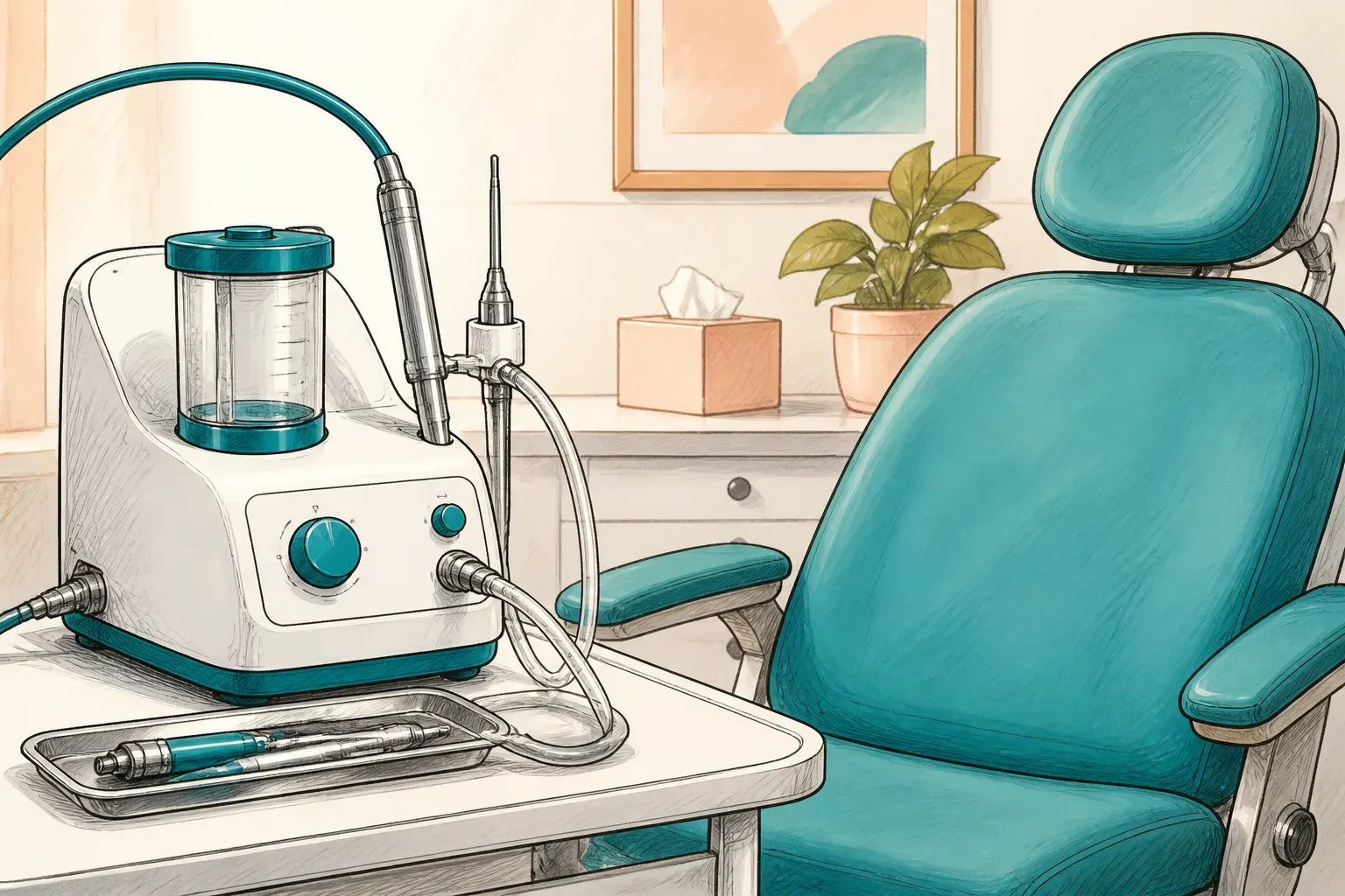 A close-up of microsuction equipment beside a treatment chair
