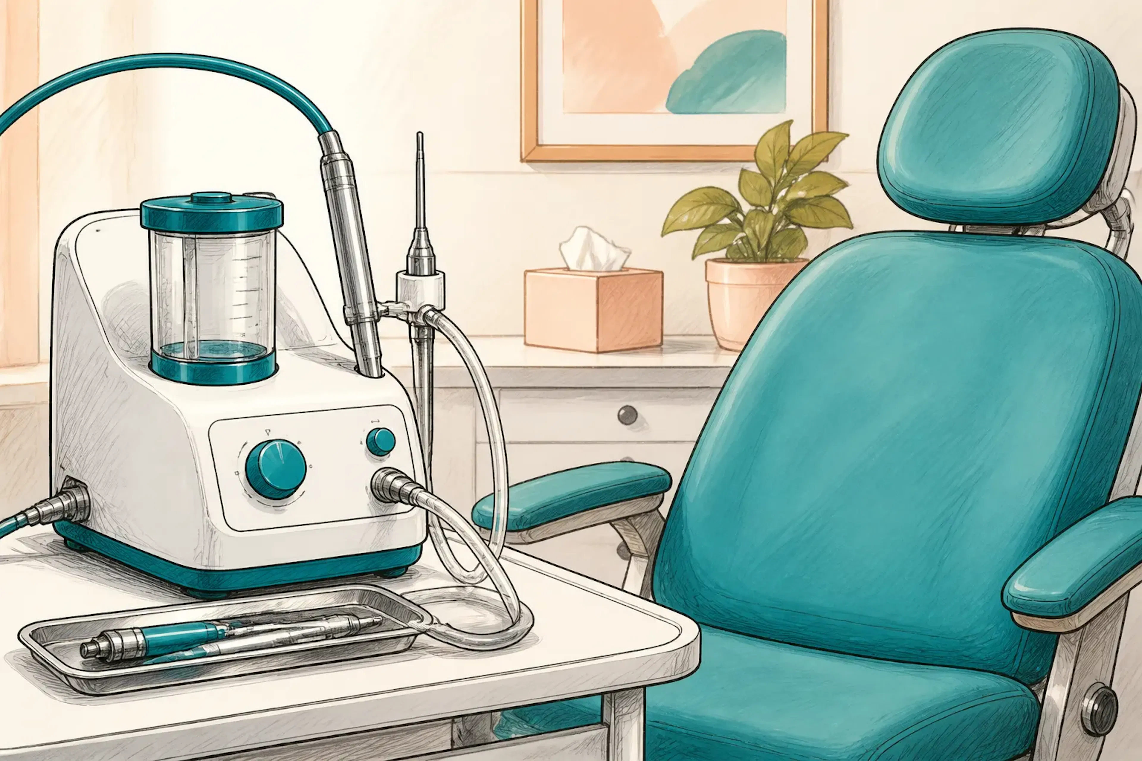 A close-up of microsuction equipment beside a treatment chair