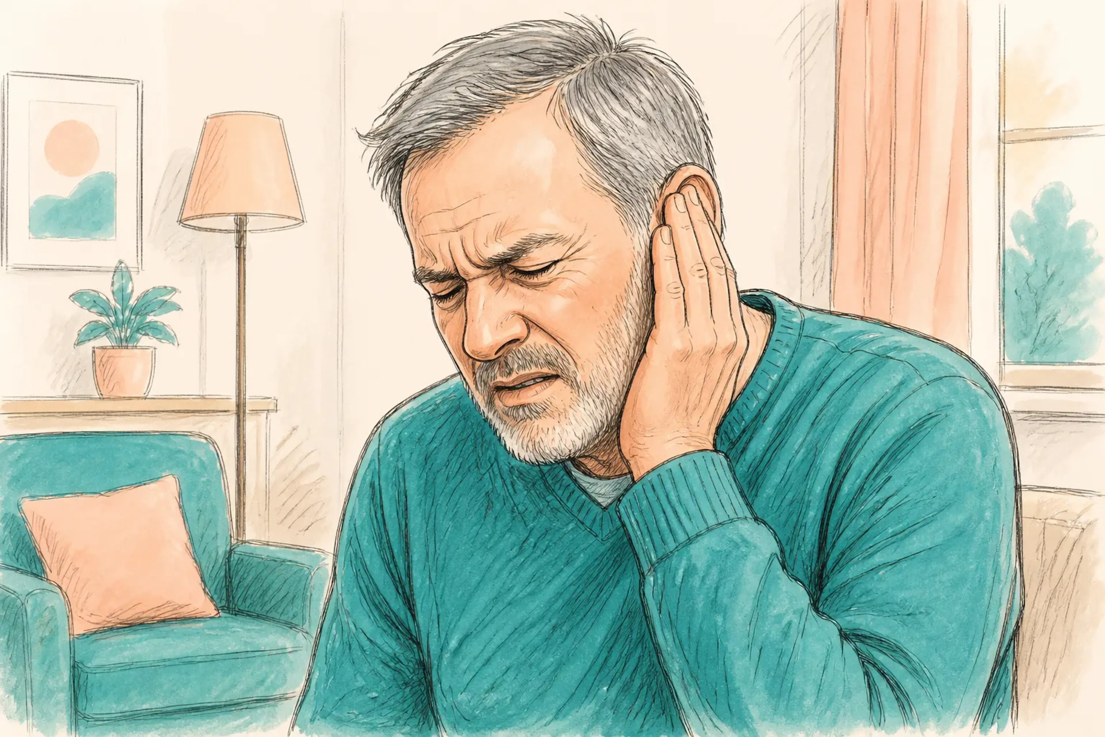 A person holding their ear while looking uncomfortable from blocked hearing