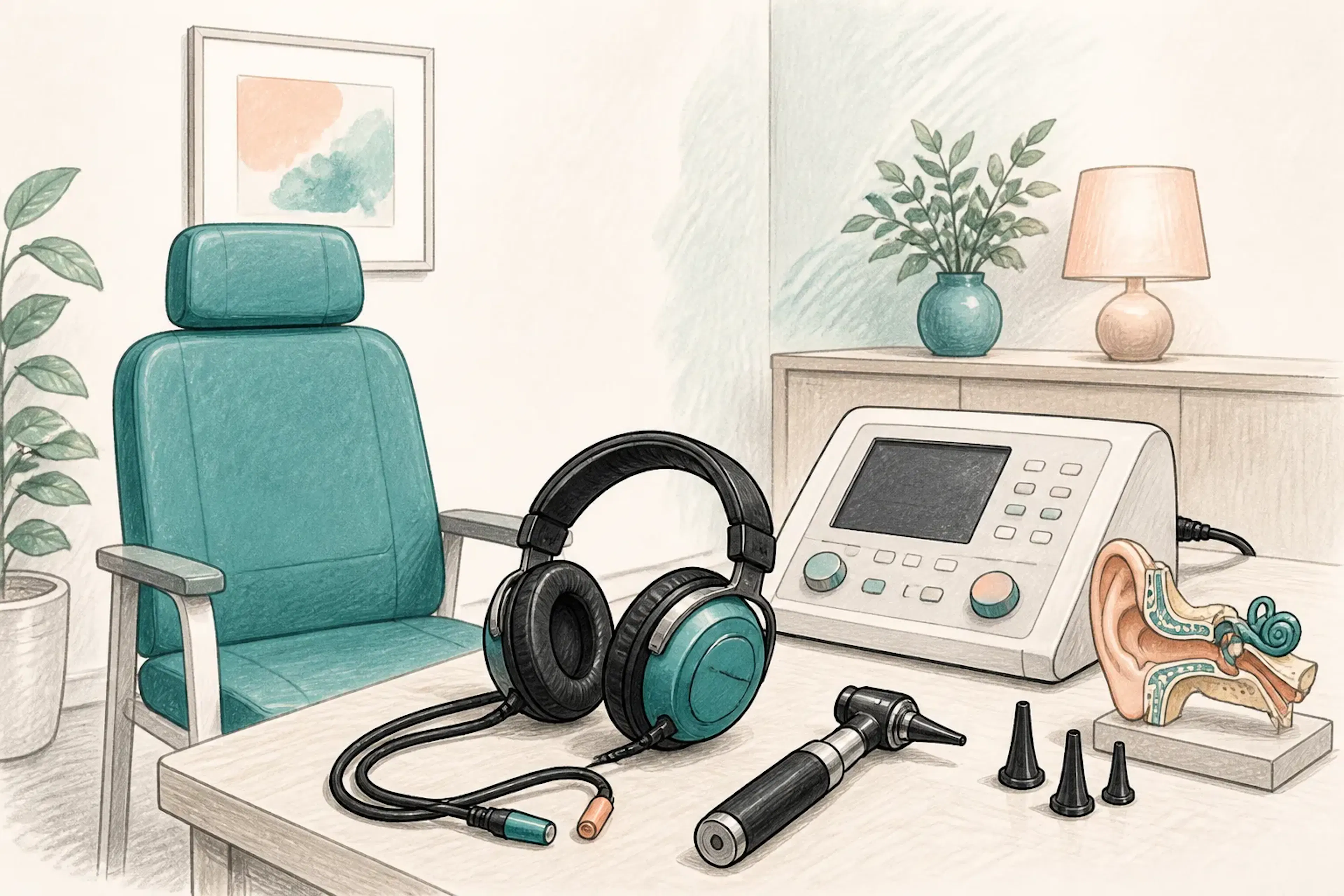 A hearing assessment setup with headphones and diagnostic tools