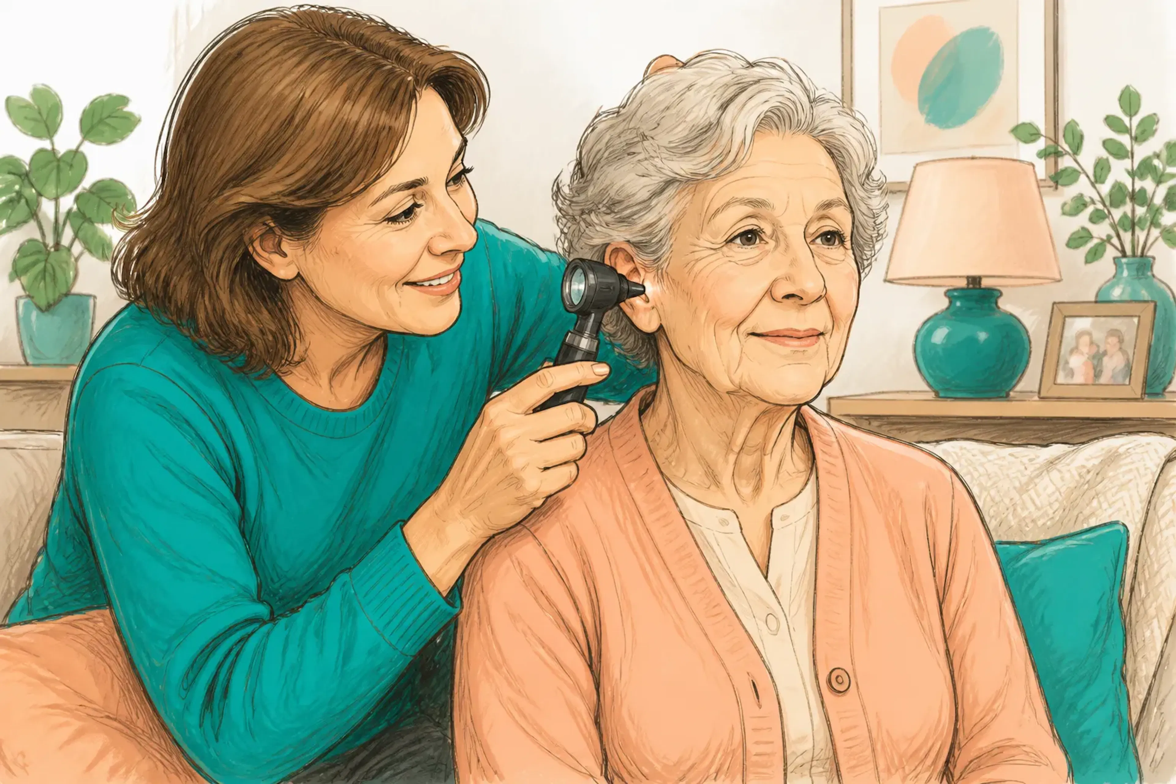 A family member helping an older adult with a hearing check at home